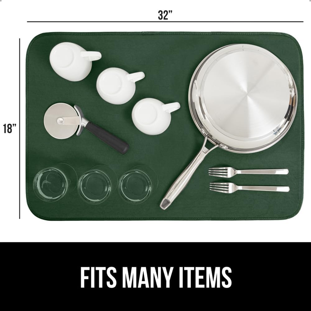 GORILLA GRIP Ultra Water Absorbent Microfiber Dish Drying Mat, 18x32, Quick Dry Thick Mesh, Slip Resistant Pad for Sink Dishes or Under Rack, Kitchen Counter Accessories, Machine Wash, Hunter Green