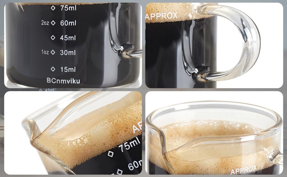 BCnmviku 2 PACK Espresso Glass Measuring Cup Triple Pitcher Milk Cup 75ML Espresso Cups with Handle Shot Glass with V-Shaped Mouth Clear Accessories Milk Frothing Pitcher (2)