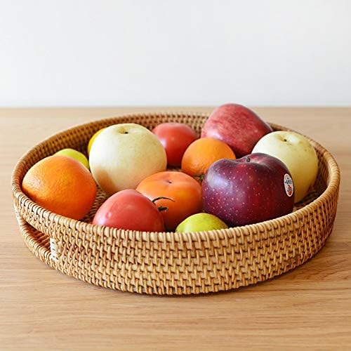 Coffee Table Tray Round Rattan Ottoman Tray Woven Serving Trays with Handles for Home and Kitchen Decorative Natural (Large 14 inch x 2.8 inch)