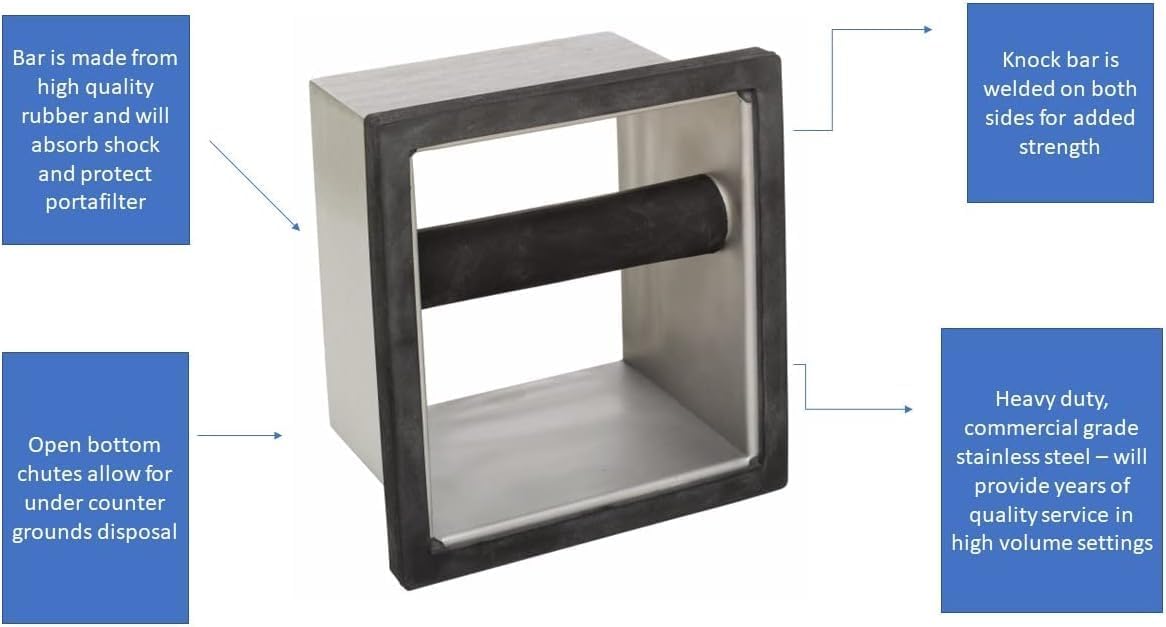 Rattleware Stainless Steel Open Bottom Knock Box Chute - Heavy Duty Espresso Grounds Disposal Tool with Welded Rubber Bar Fits Coffee Stations, Cafe, Restaurant, Hotel, Barista Home (6 x 5.5 x 4)