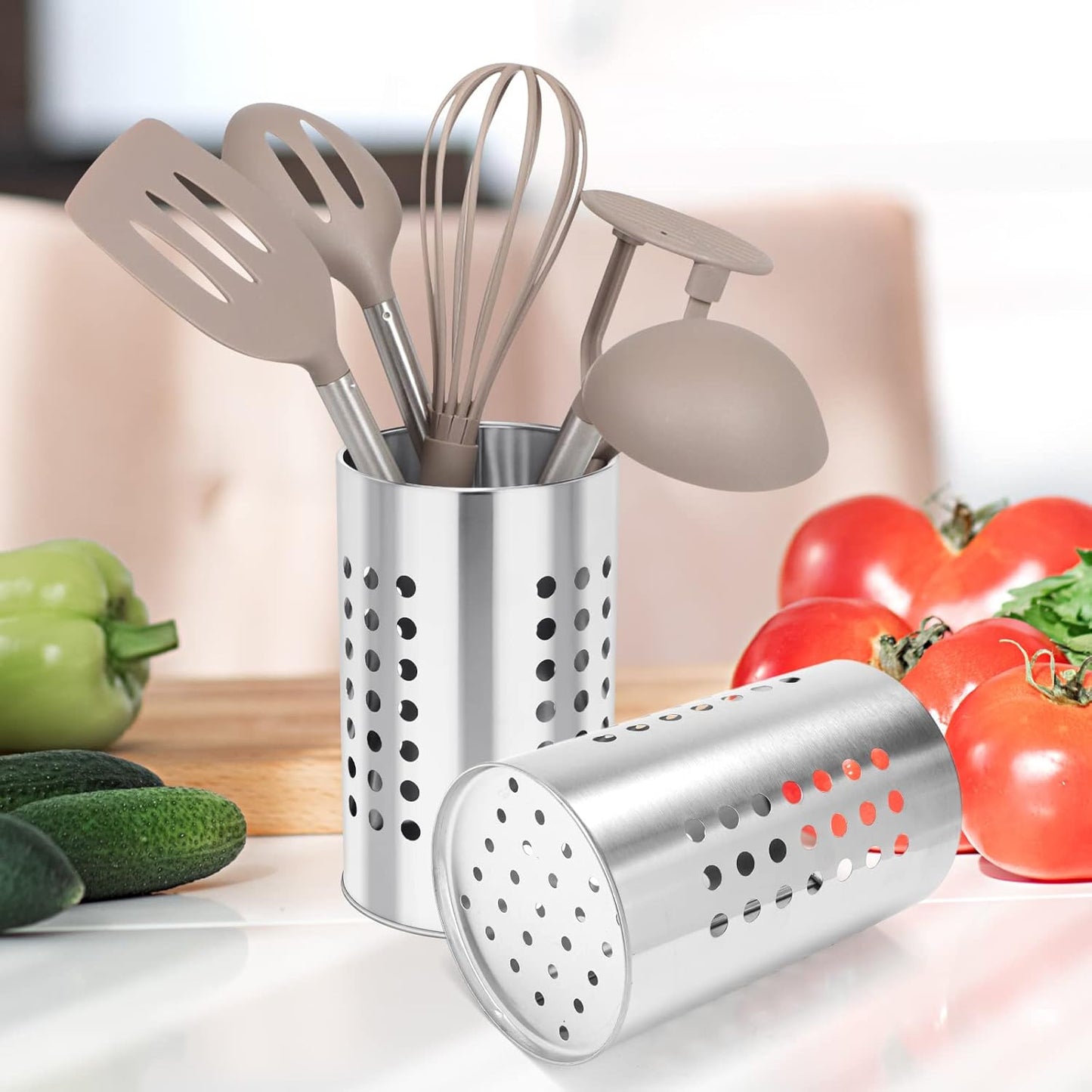 EORTA Stainless Steel Kitchen Utensil Holder Flatware Cylinder Silverware Draining Organizer Drying Rack with Round Drain Holes for Forks, Knives, Spoons, Chopsticks, Medium