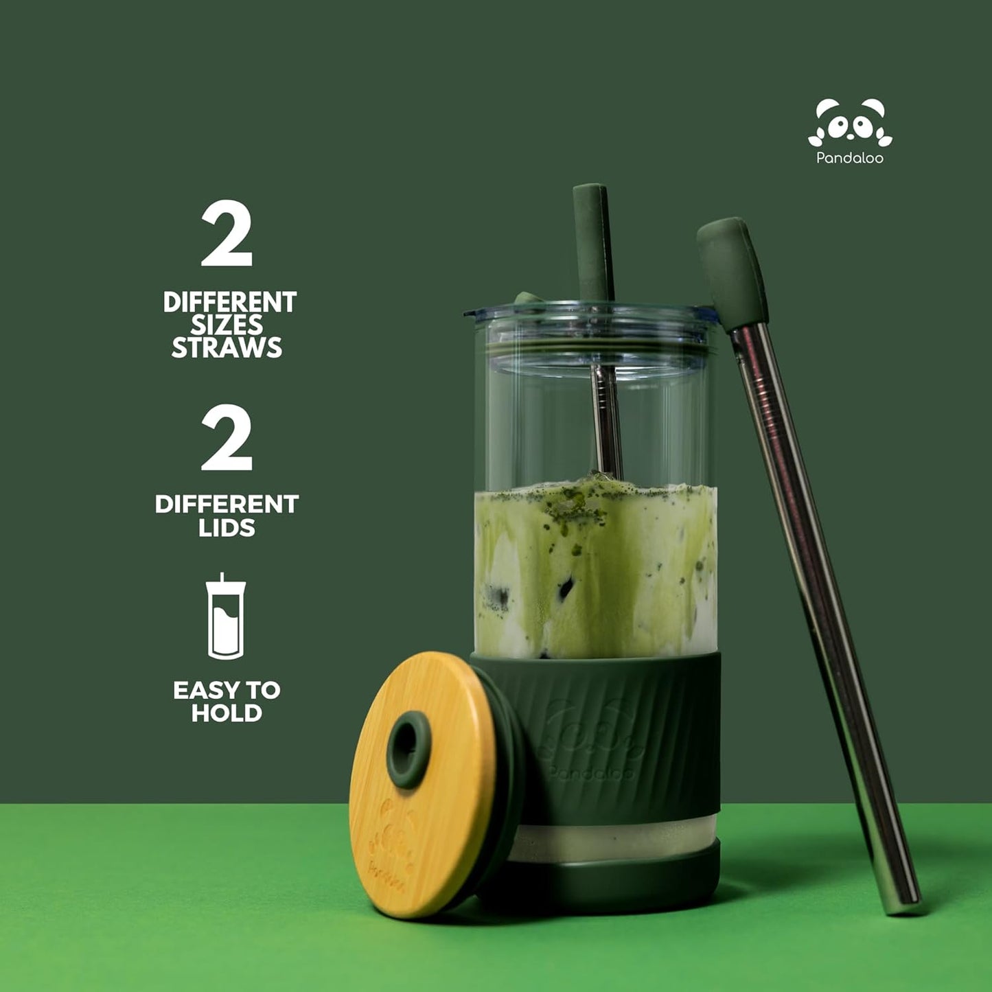 Pandaloo® Glass Cups With Lids and Straws -20 Fl Oz- Perfect Size Iced Coffee Cup - Smoothie Cup With Bamboo Lid and On the go Lid (Ethnic chic-Pink Powder, 1 Count (Pack of 1))