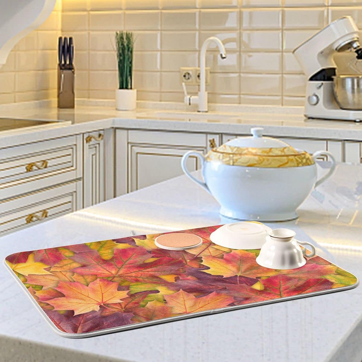 Colorful Autumn Maple Leaves Dish Drying Mat for Kitchen Counter Fall Drying Mat 18 x 24 Inch with Absorbent Reversible Microfiber Dish Drying Pad Dish Rack Drainer Mats for Coffee Bar