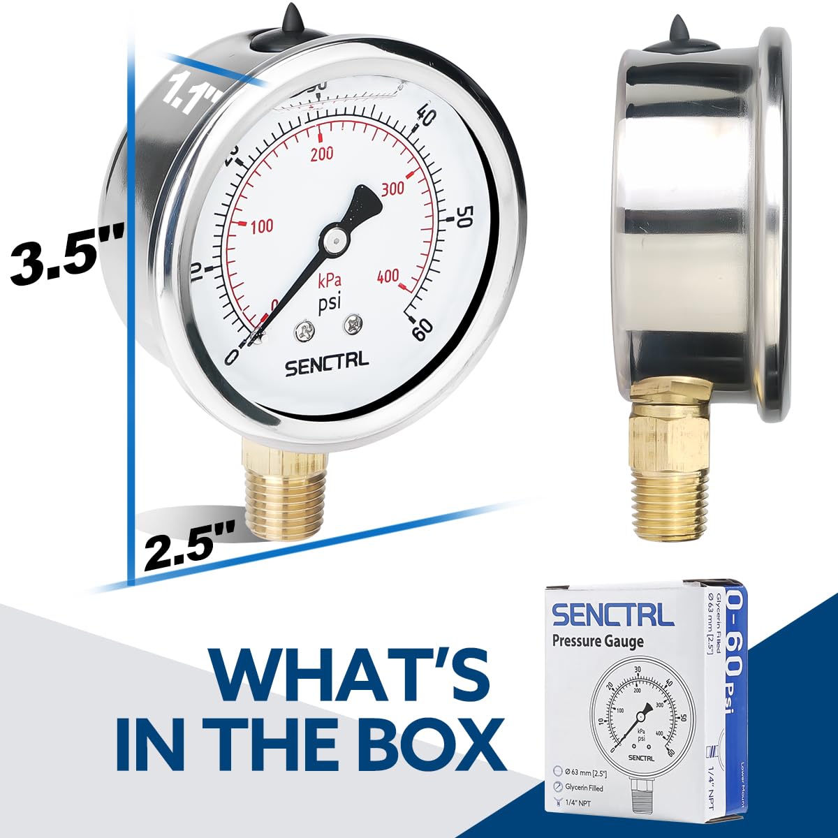 SENCTRL 60 Psi Glycerin Liquid Filled Low Pressure Gauge, 2.5" Dial Size, 1/4" NPT Lower Mount, Stainless Steel Case, Pool Sand Filter Water Pump Tire Water Oil Air Pressure Test