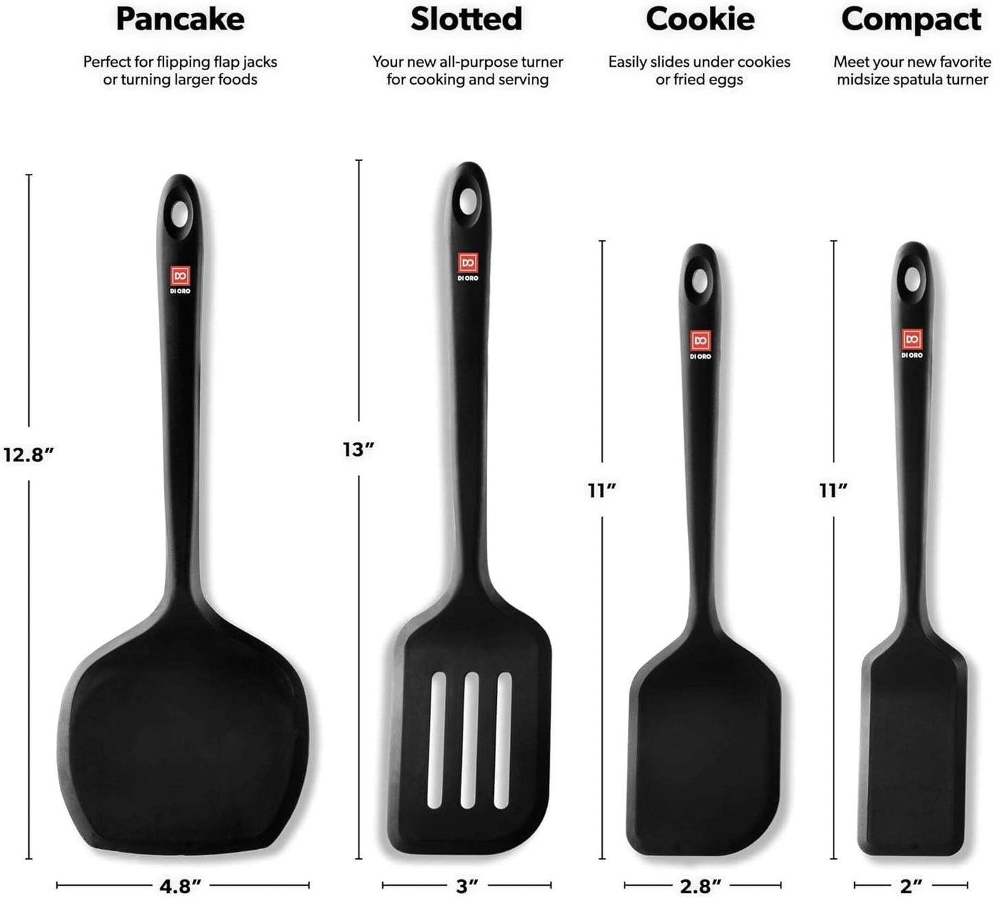 DI ORO Silicone Turner Spatula Set - Kitchen Spatulas for Nonstick Cookware - Cooking Utensils for Flipping Eggs & Pancakes - 600°F Heat-Resistant BPA Free Turners - Dishwasher Safe (4pc, Black)