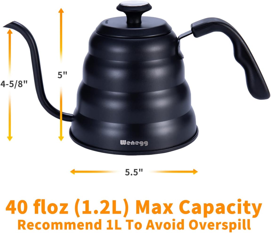 Pour Over Coffee Kettle with Thermometer for Exact Temperature 40 fl oz - Premium Stainless Steel Gooseneck Tea Kettle for Drip Coffee, French Press and Tea (Black)