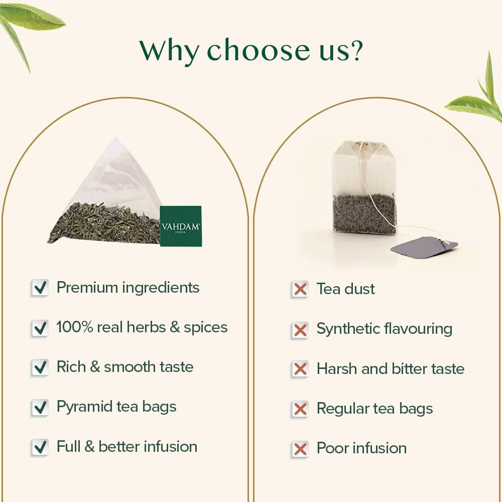 VAHDAM, Decaf Himalayan Green Tea Bags (100 Pyramid Tea Bags) Caffeine Free, Gluten Free | High Grown Decaf Green Tea | Resealable Ziplock Pouch | Pyramid Tea Bags