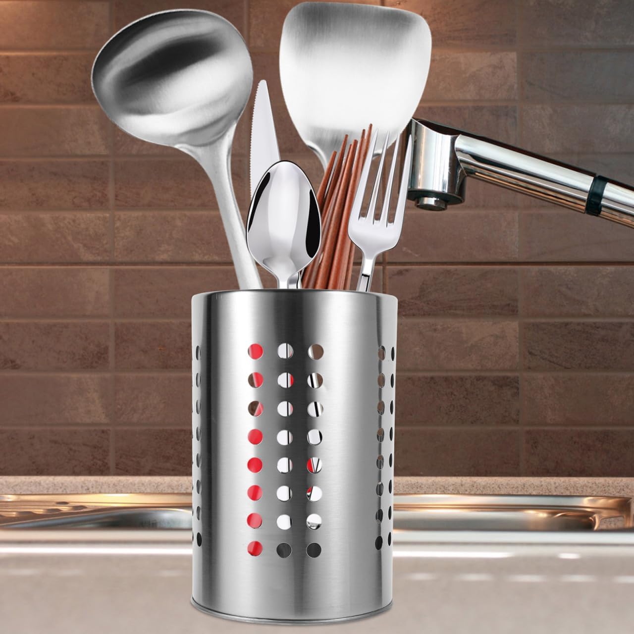 Stainless Steel Kitchen Utensil Holder Flatware Cylinder Silverware Draining Organizer Drying Rack with Round Drain Holes for Forks, Knives, Spoons, Chopsticks