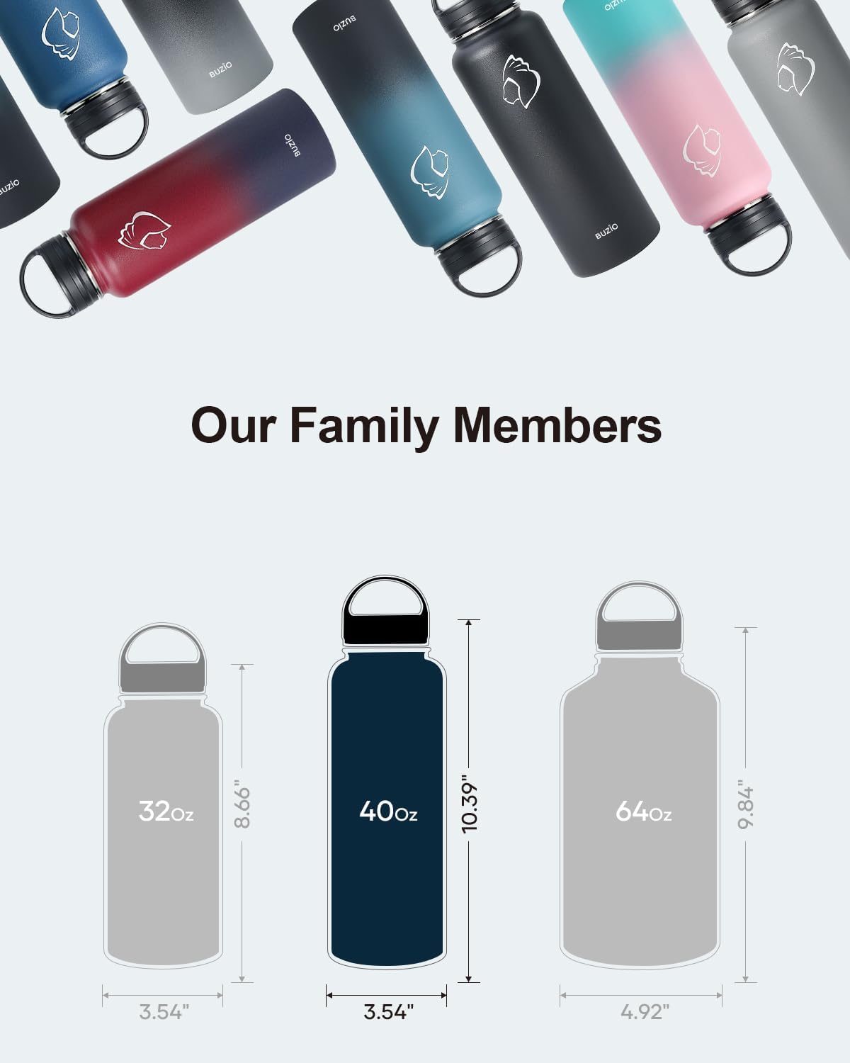 BUZIO 40 oz Water Bottle Insulated with Straw & 3 lid and Carrying Pouch, Leak Proof Anti-Slip Stainless Steel Water Flask Jug, Cold for 48 Hrs Double Vacuum Thermo Canteen, BPA-Free, Light Blue