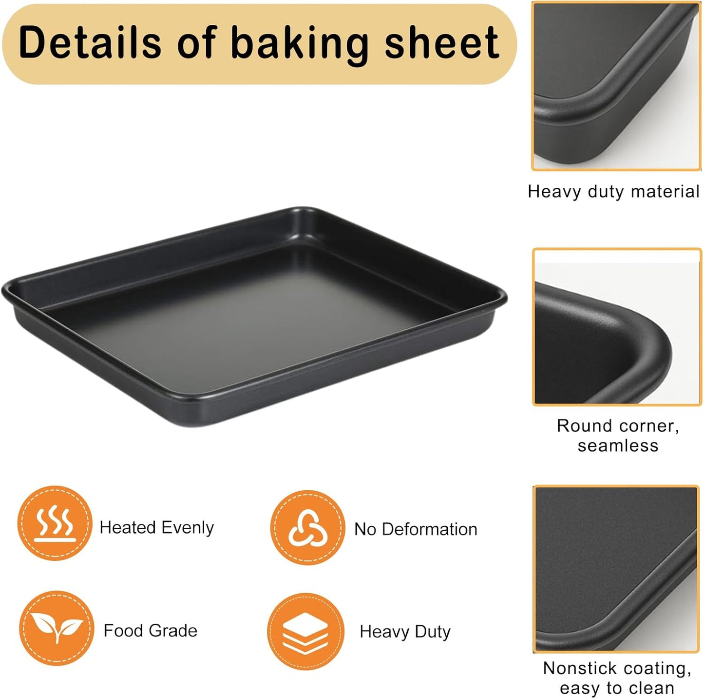 9x11 Inch Cookie Sheet, Baking Tray for Toaster Oven, Non Stick Baking Sheet Pan for Biscuits, Vegetables, Easy to Clean, Non-Warp Heavy Duty Pans, Black, 2-Pack