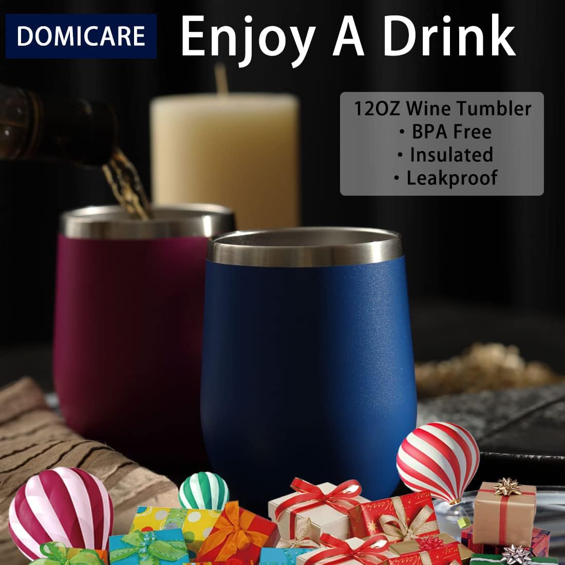DOMICARE Stainless Steel Wine Tumbler Bulk with Lid, Personalized Insulated Tumblers Set, 12oz Travel Coffee Cups Pack of 12, Dark Blue