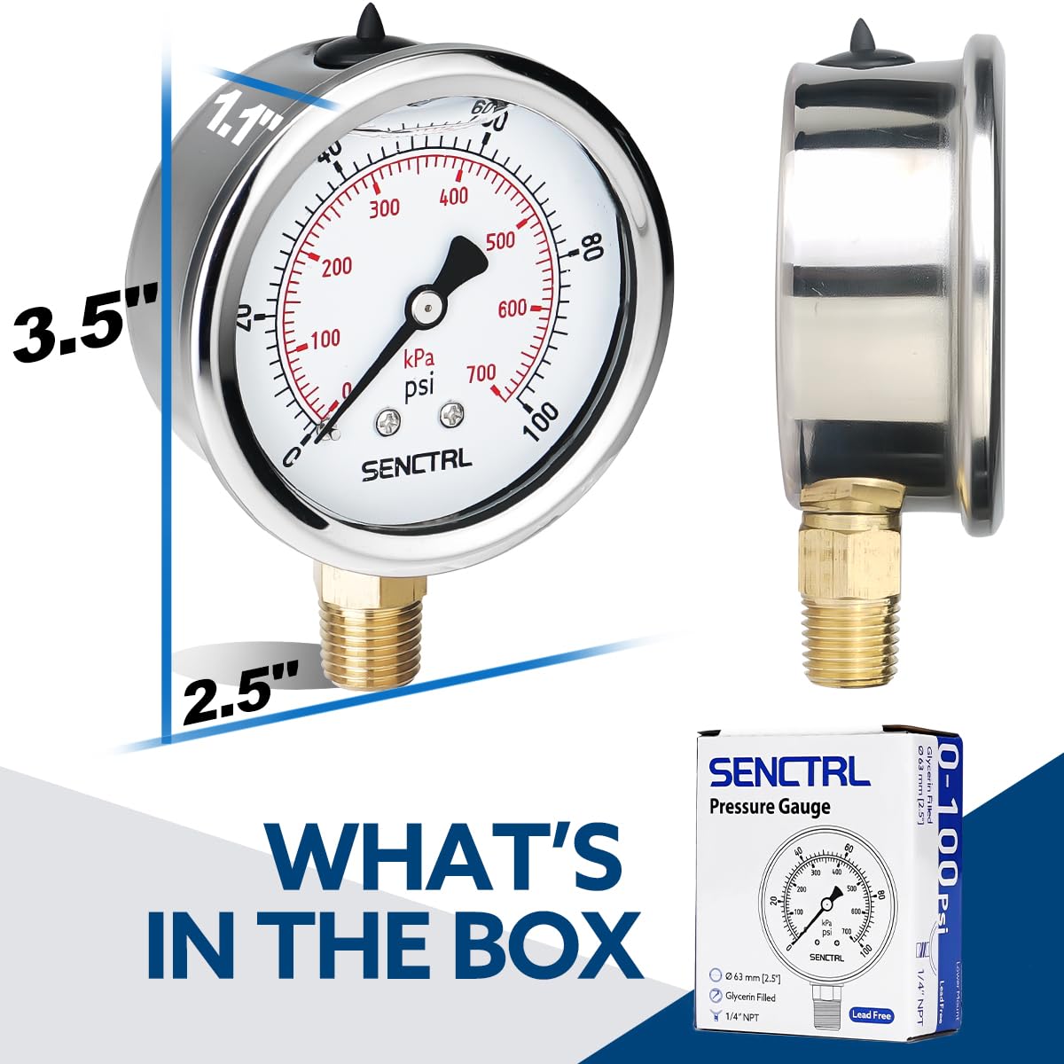 SENCTRL 100 Psi Lead-Free Glycerin Liquid Filled Low Pressure Gauge, 2.5" Dial Size, 1/4" NPT Lower Mount, Stainless Steel Case, for Home Potable Water Pump, Air, Well, RV Hose, Pressure Test