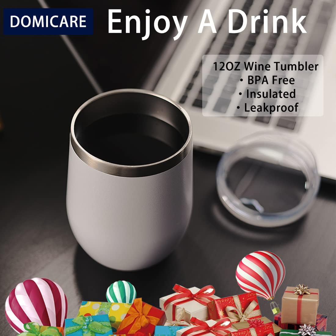DOMICARE Stainless Steel Wine Tumbler Bulk with Lid, Personalized White Insulated Tumblers Set, 12oz Travel Coffee Cups Pack of 8