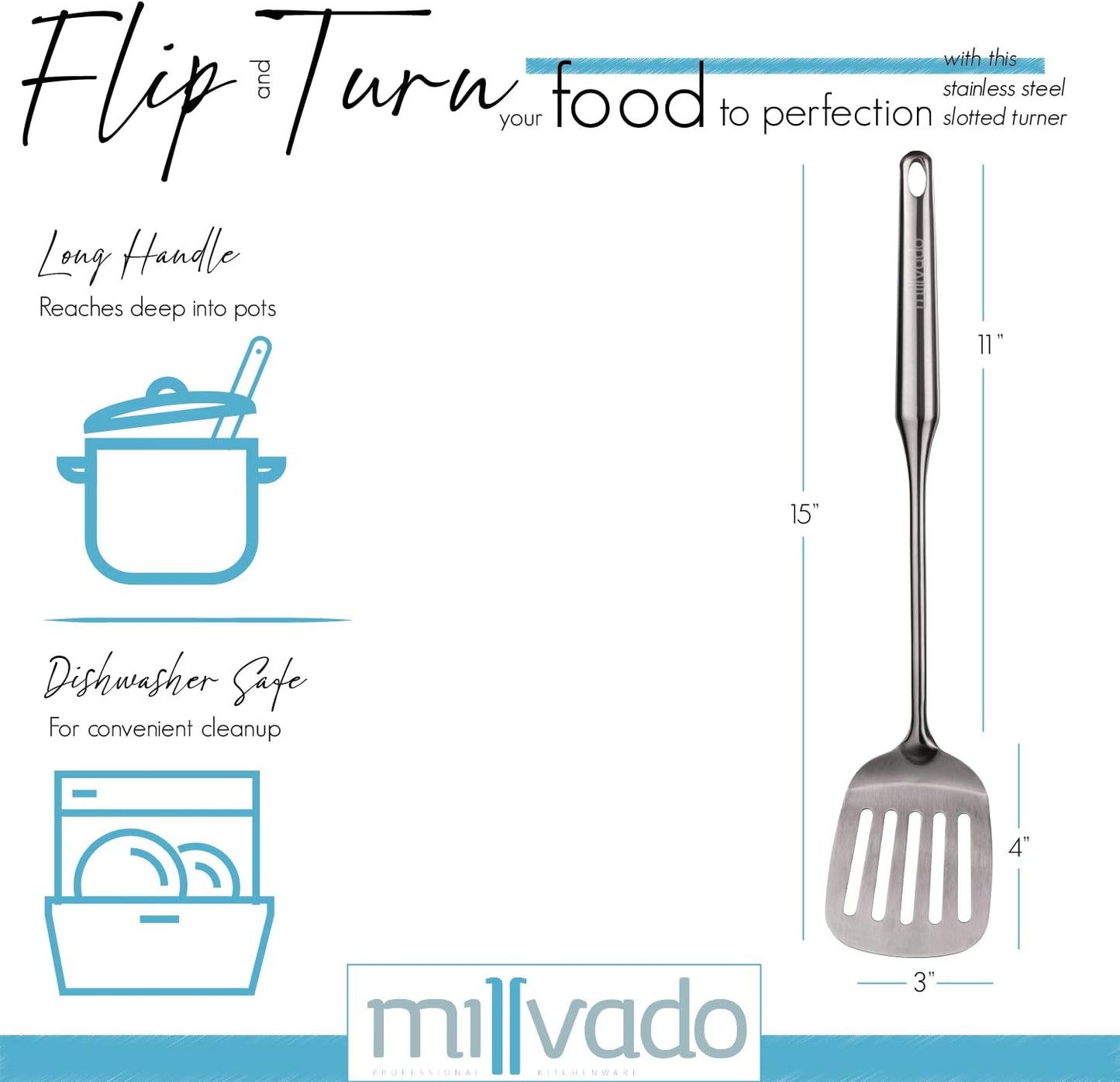 Stainless Steel Cooking Spatula,15 Inch Metal Turner, Kitchen Slotted Flipper For Grills, Camping BBQ’s, Frying Pancakes, Burgers, Large Cookware For the Professional Chef