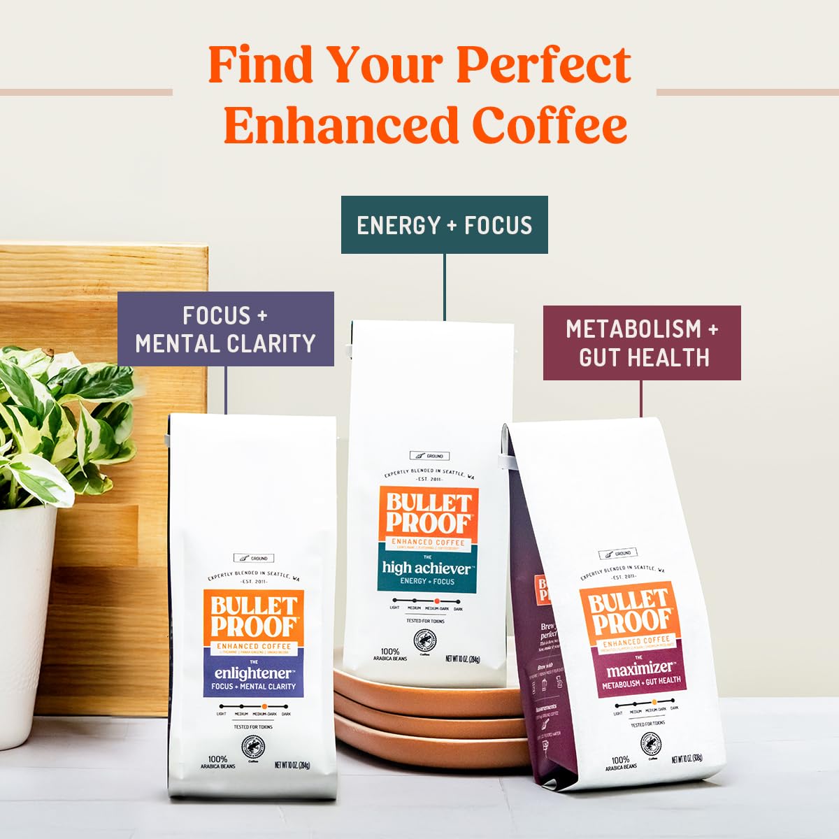 Bulletproof The Enlightener Ground Coffee, 10 Ounces, Medium-Dark Roast Enhanced Coffee with L-Theanine, Panax Ginseng and Gingko Biloba, Supports Mental Clarity, Focus, and Memory