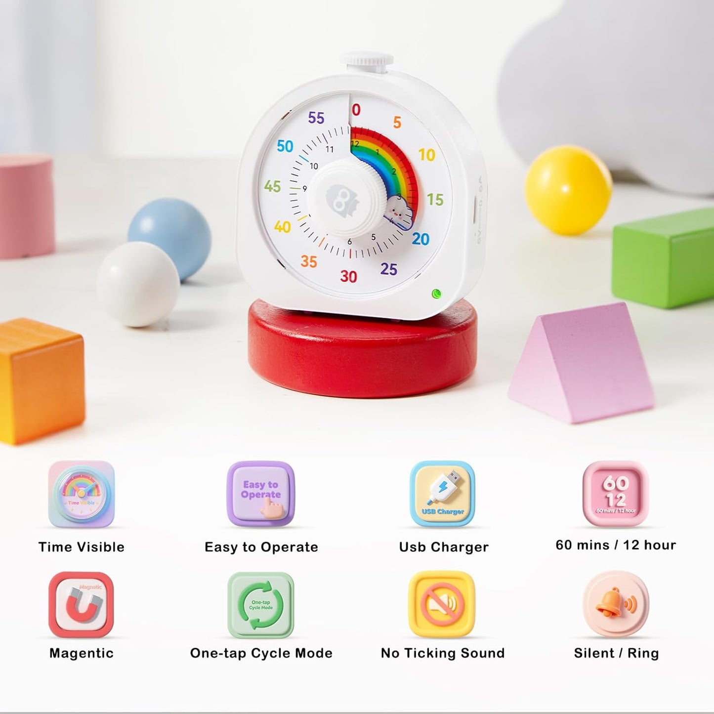 Visual Timer for Kids – 60min/12h Rainbow Magnetic Timer for Classroom, Rechargeable Silent Countdown Timer with Pomodoro Mode, ADHD Time Management Tool