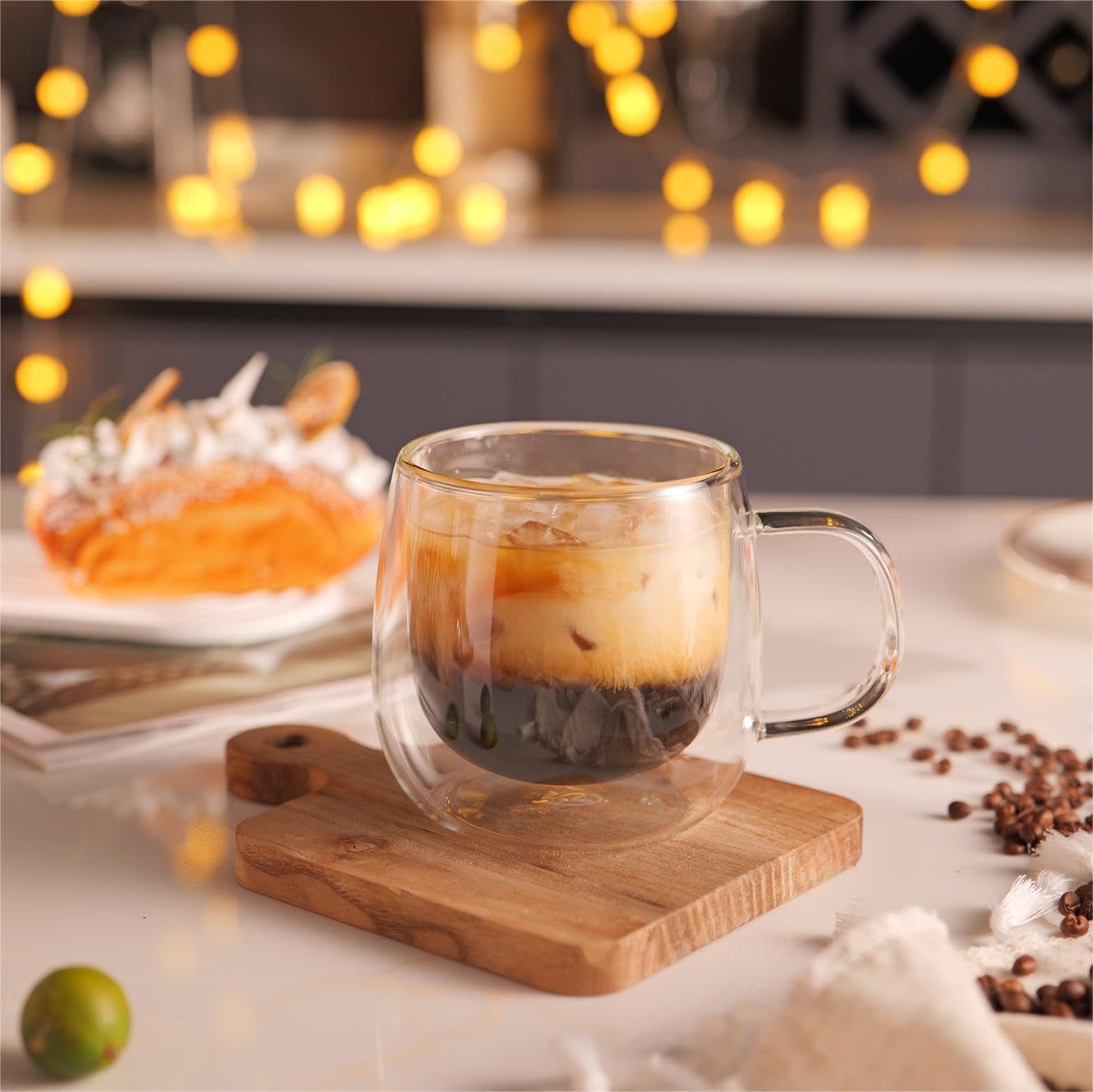 CNGLASS 10oz Double Walled Glass Coffee Mugs(2-pack),Clear Coffee Cups with Handle,Glass Espresso Mugs for Latte,Cappuccino,Tea