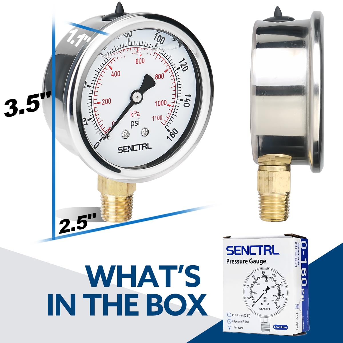 SENCTRL 160 Psi Lead-Free Glycerin Liquid Filled Low Pressure Gauge, 2.5" Dial Size, 1/4" NPT Lower Mount, Stainless Steel Case, for Home Potable Water Pump, Air, Well, RV Hose, Pressure Test