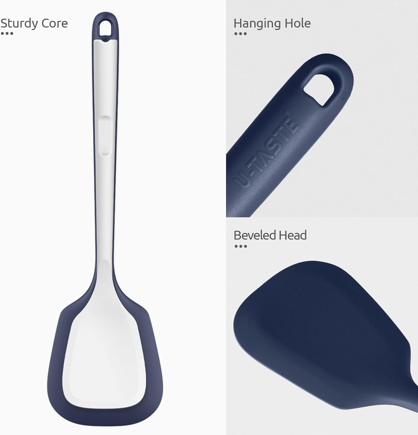 600℉ Heat Resistant Silicone Turner: U-Taste 13.6in Solid Kitchen Spatula Flipper, BPA Free Flexible & Thin Seamless Cooking Utensil for Flipping Egg, Pancake in Nonstick Cookware(Midnight Blue)