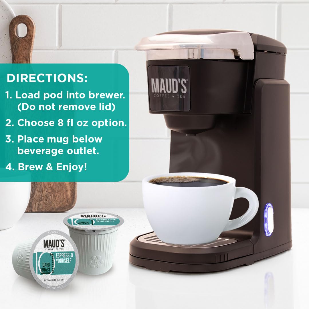 Maud's Espresso Roast Coffee Pods, 18 ct, Dark Roast Coffee in Recyclable Single Serve Pods – 100% Arabica Coffee, Compatible with Keurig K Cups Maker