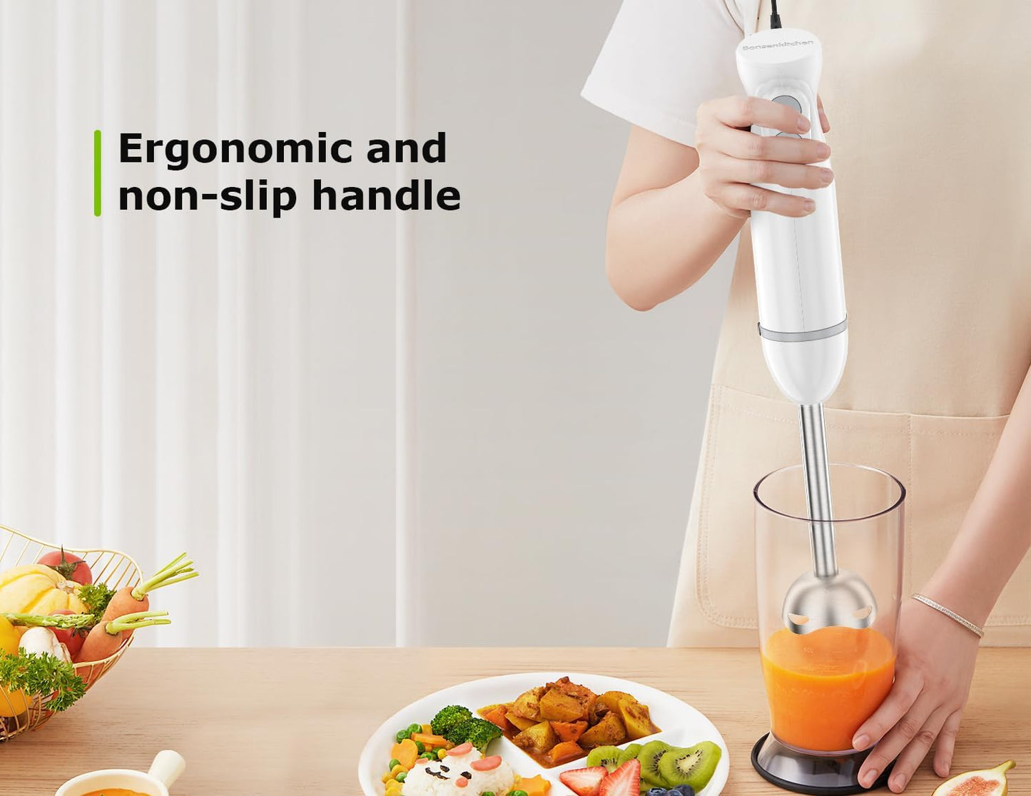 Bonsenkitchen Hand Blender, Immersion Blender with 2 Mixing Speed, Electric Portable Handheld Stick Mixer with Stainless Steel Blades for Soup, Smoothie, Puree, Baby Food, White