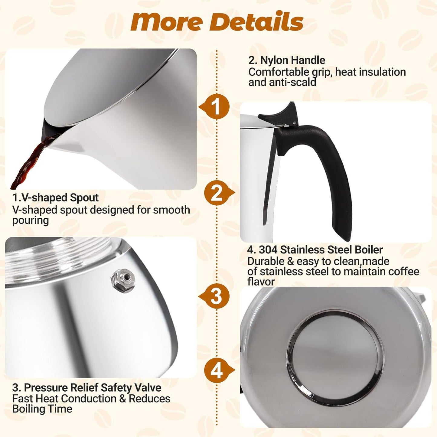 No Coating 9 Cup Thickened 304 Stainless Steel Moka Pot Stovetop Espresso Maker Italian Coffee Machine 450ml 15oz Suitable for Gas Induction Stovetop Greca Coffee Maker Percolator