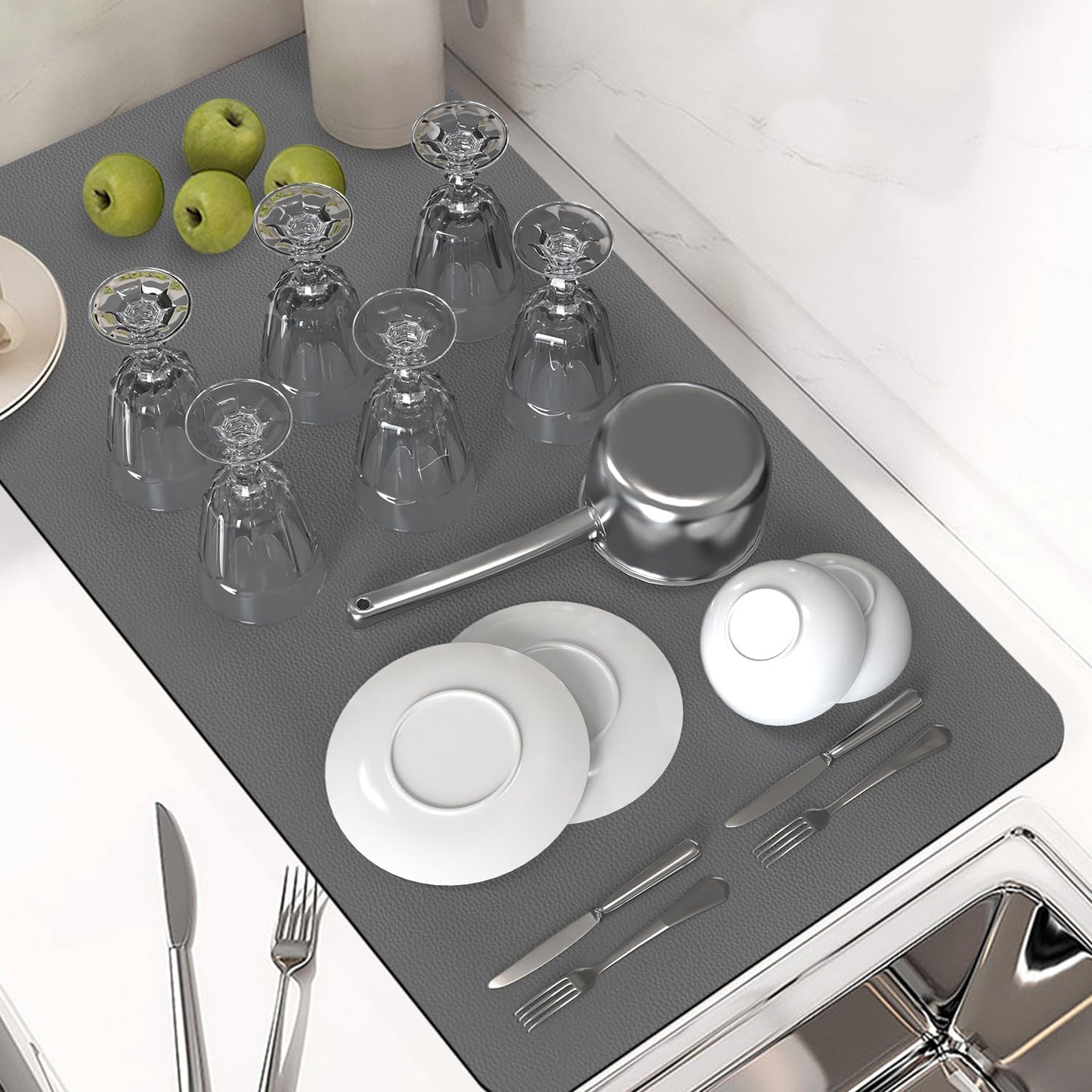 PoYang 31.5"x17" Coffee Mat X-Large, Coffee Bar Accessories for Countertop, Absorbent Dish Drying Mat, Anti-Slip and Hide Stain Pad for Espresso Machine, Espresso Maker and Kitchen Counter, Gray