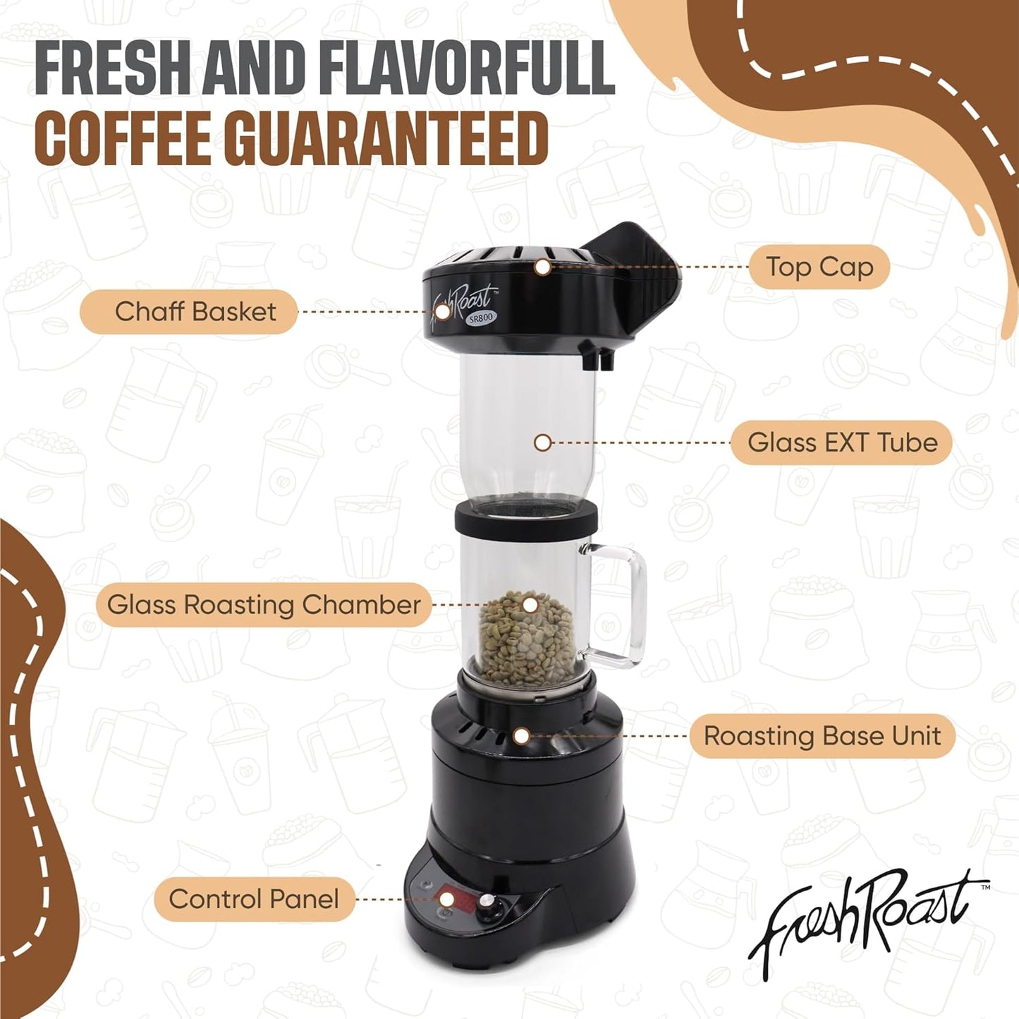 Fresh Roast Coffee Roaster Bundle SR800, Glass Extension Tube, Burr Grinder, (2 Lbs) Sample Pack of Green Beans, (2- pack) Sample trays