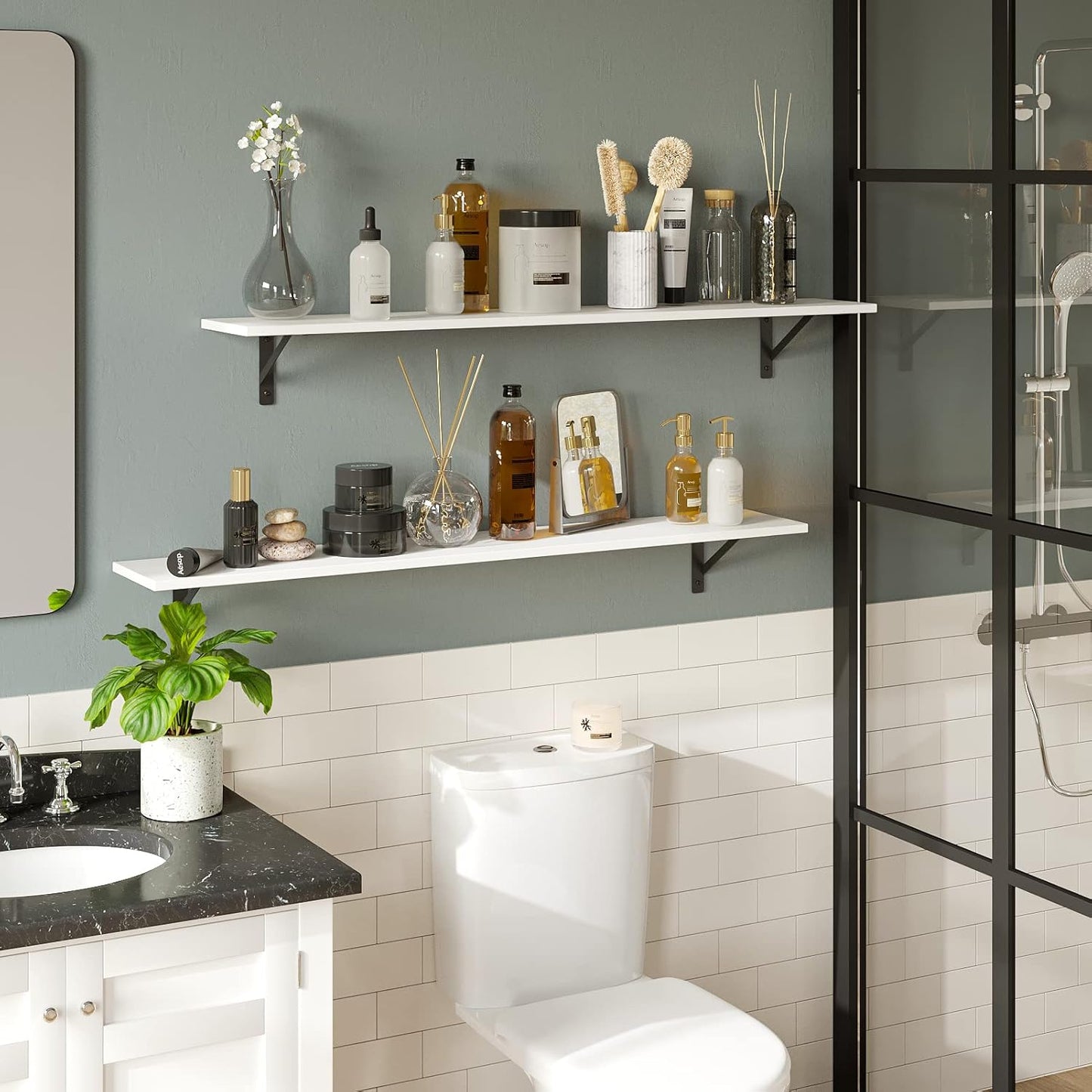 DINZI LVJ Long Wall Shelves, 47.3Inch Wall Mounted Shelves Set of 2, Extra Large Floating Storage Ledges with Sturdy Metal Brackets for Living Room, Bathroom, Bedroom, Kitchen, White