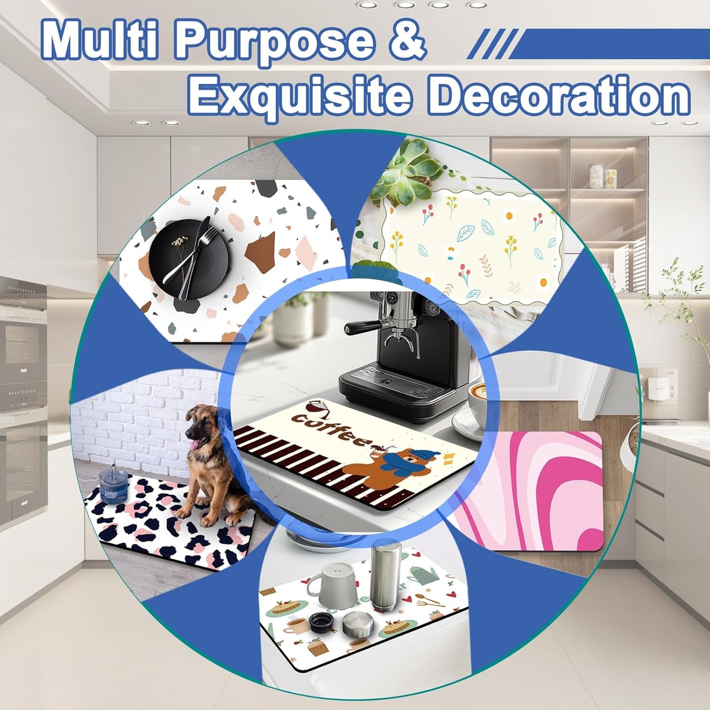 Dish Drying Mat 16" X 24", Super Absorbent & Cuttable Coffee Mats for Countertop, Kitchen Counter Mat Fits Under Coffee Maker or Machine, Hide Stain Drying Pad for Dish Drying Rack, W Stars Freworks