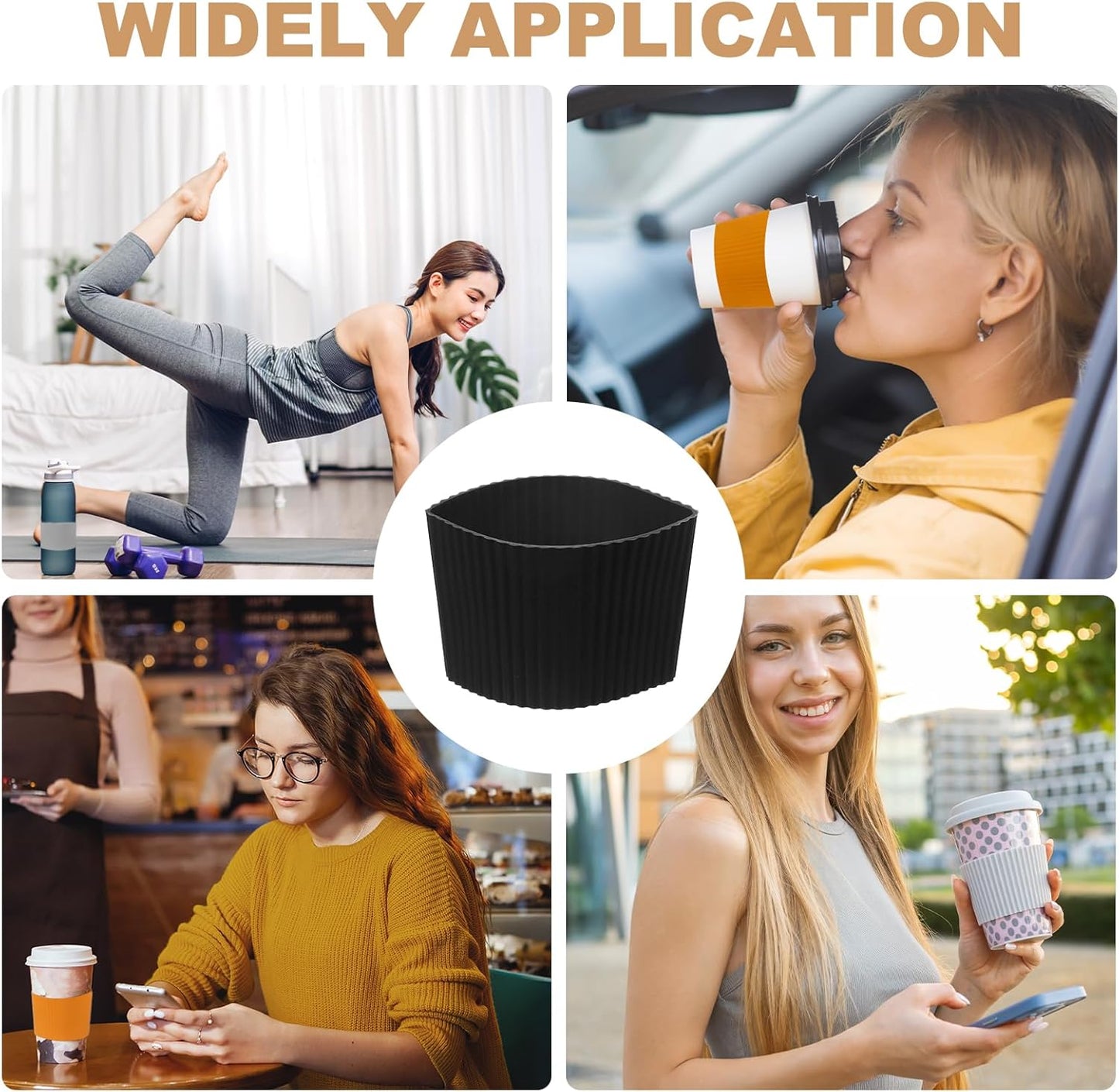 uxcell 6Pack Coffee Cup Sleeves, Reusable Silicone Heat Resistant Cup Protective Sleeve Nonslip Mug Protector Cover for Home Travel Coffee Mug Glasses Water Bottle Boots, Black