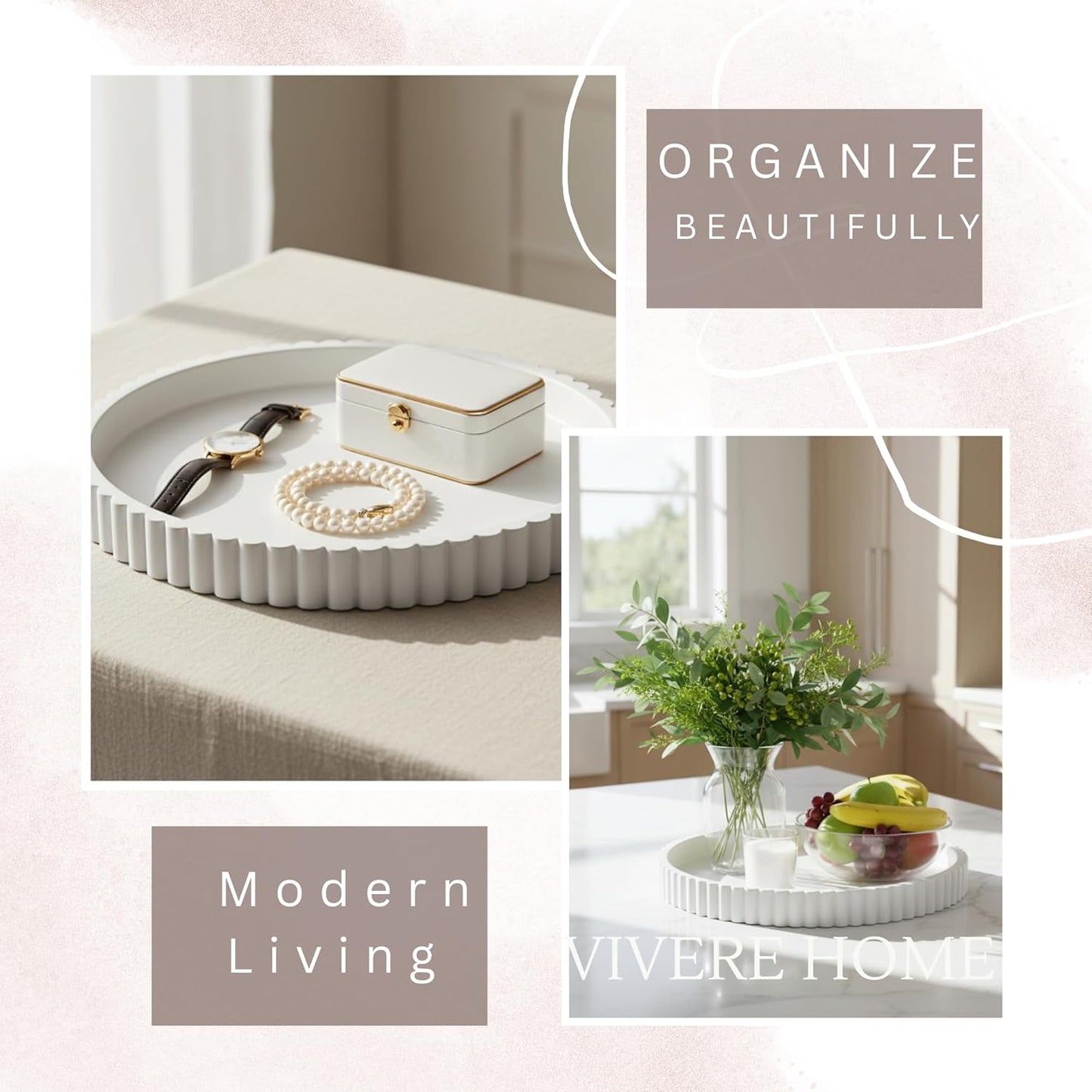 13-Inch Round Coffee Table Tray - Concrete bandejas decorativas Round White Decorative Tray for Coffee Table Decor - Table Centerpieces Kitchen Island Trays Decorative Trays - Dining Room Tray White