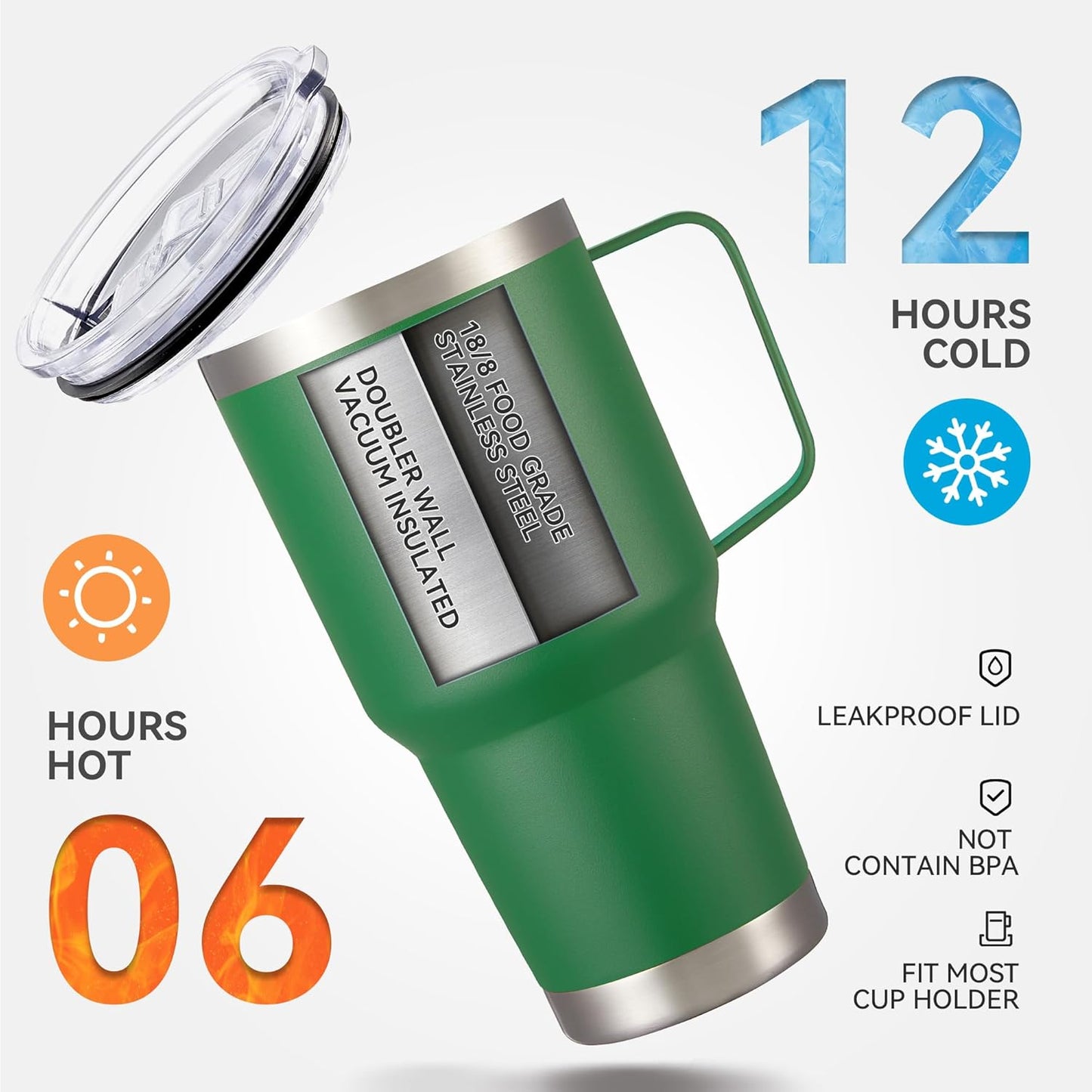 30 oz Tumbler with Handle and Lid, Stainless Steel Tumblers Double Wall Vacuum Insulated Travel Mug Leak Proof Cup Keep Drinks Cold and Hot Dark Green, 1 Pack