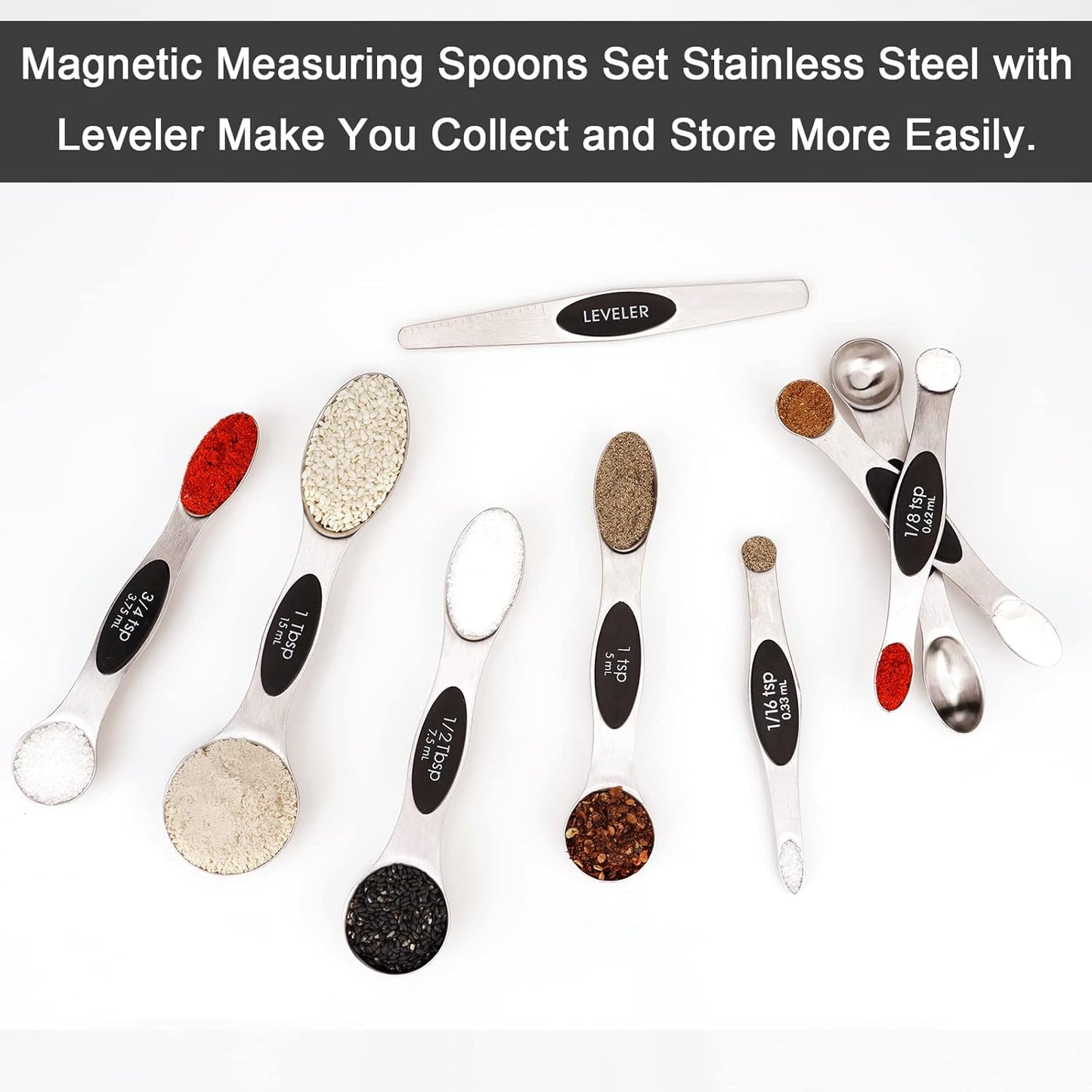 Aovchei 9 PCS Magnetic Measuring Spoons Set, Dual Sided, Stainless Steel Small Tablespoon, Teaspoons, Fits in Spice Jars, for Dry and Liquid, Black