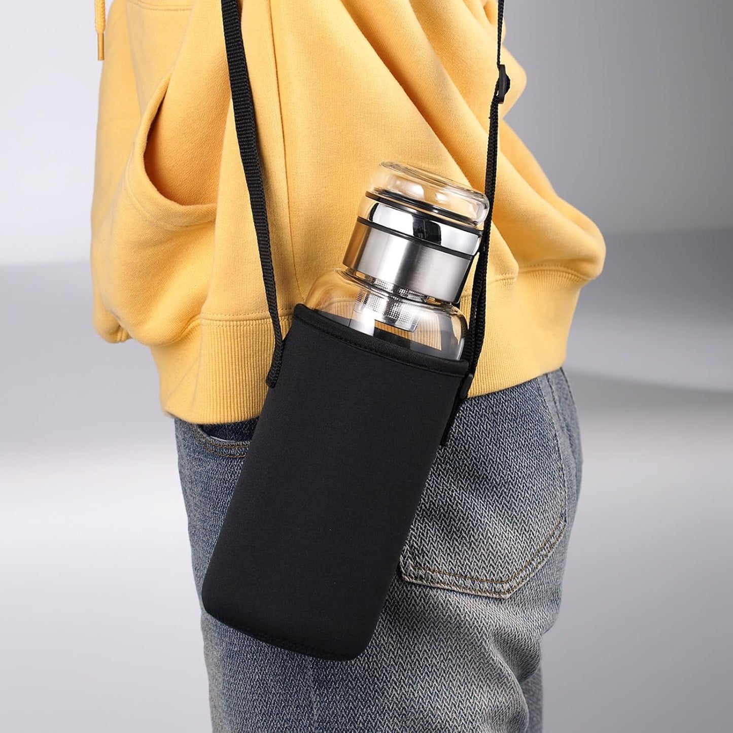 40 oz Glass Water Bottles - Large, Clear, Borosilicate Glass Water Bottle with Stainless Tea Infuser - Cup-Function Lid, Neoprene Sleeve, Strap - Wide Mouth BPA free, for Tea, Beverages, Juice