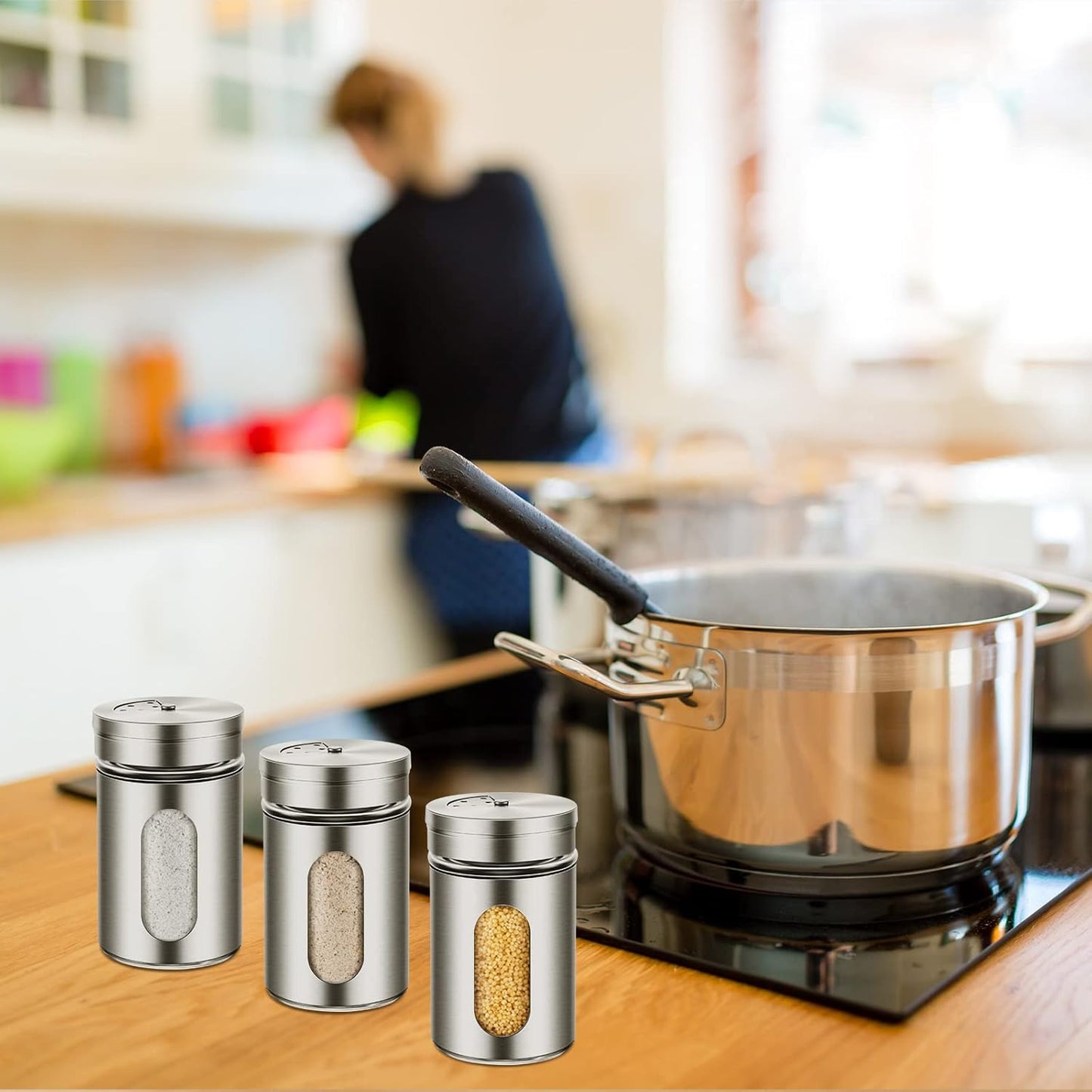 Dandat 12 Pcs Salt and Pepper Shakers Stainless Steel Spice Shakers with Adjustable Pour Holes and Glass Window 3.4oz Salt Dispenser Spice Jars with Rotating Lids for Sugar Seasoning Home