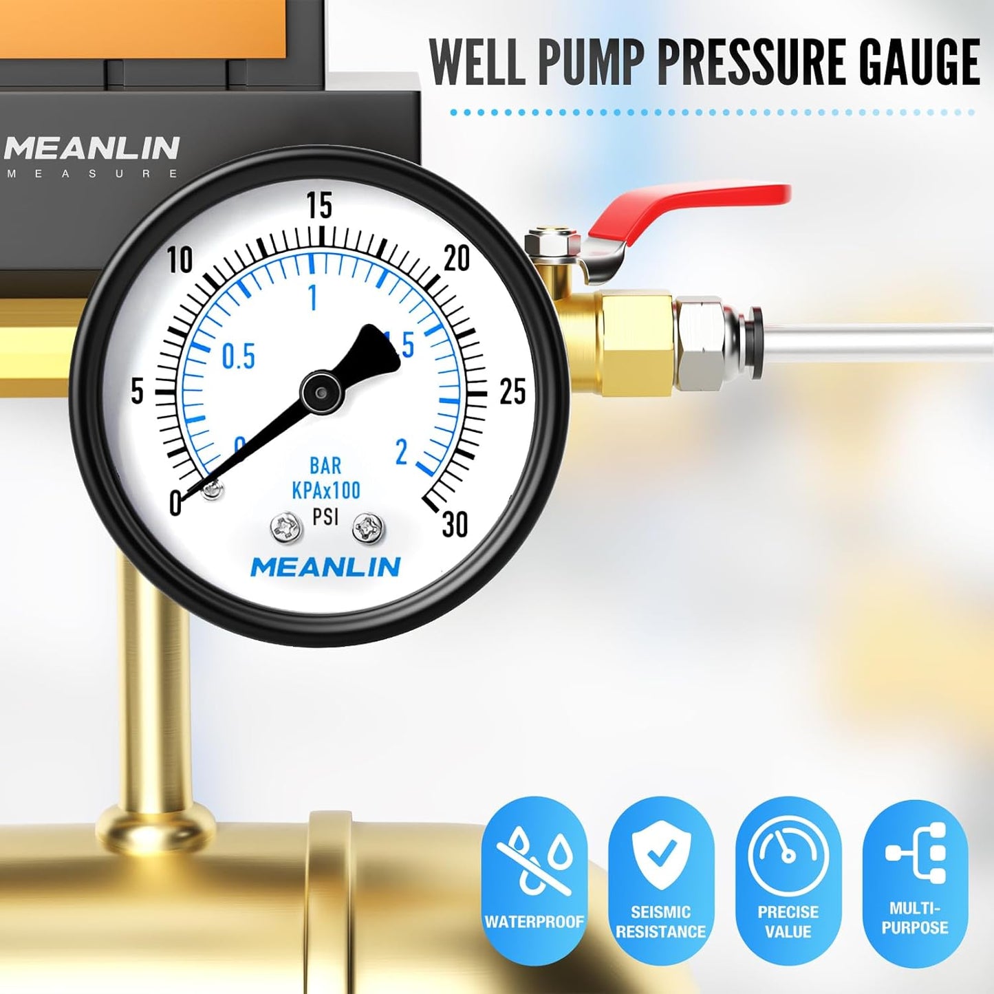 MEANLIN MEASURE 0-30Psi 2" DIAL FACE 1/4" NPT Well Pump Pressure Gauge, with 1/2" NPT and 3/8" NPT Hex Bushing, 3-2-3% Accuracy, Center Back Mount