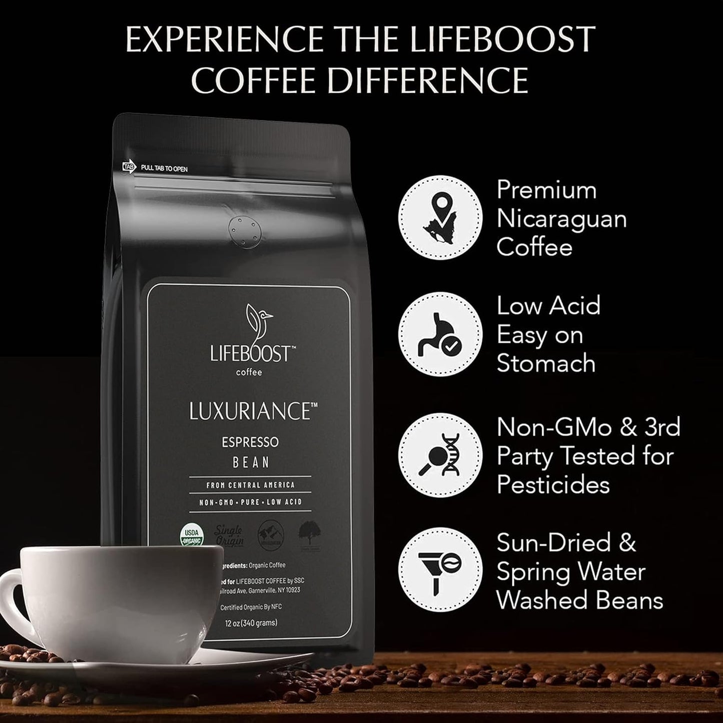 Lifeboost Organic Espresso Beans Whole - Non-GMO Low Acid Single Origin Organic Espresso Coffee - Third Party Tested For Mycotoxins & Pesticides - Whole Bean - 12 Ounces, Pack of 3