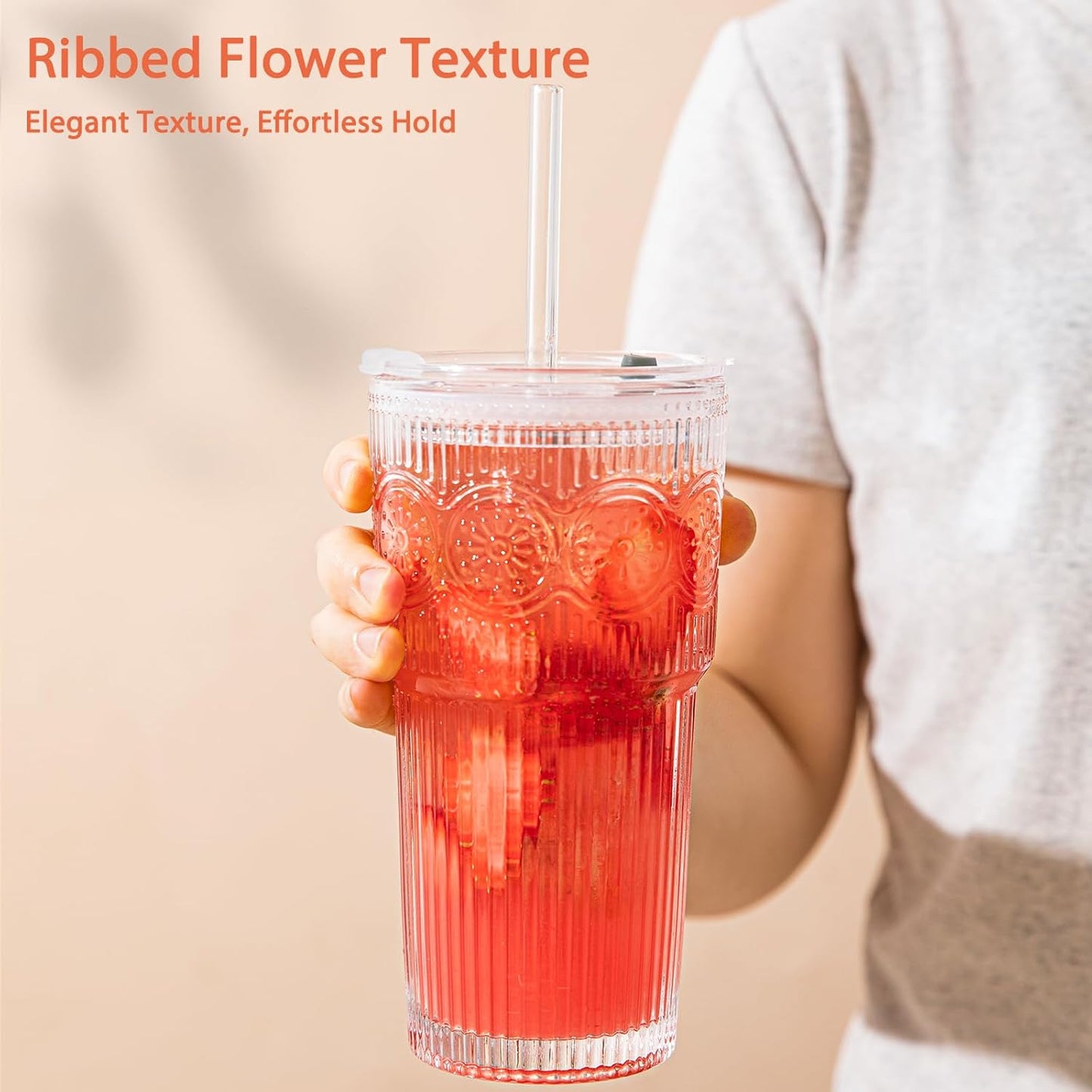20oz Ribbed & Floral Glass Tumbler Set of 2 – Reusable Glass Cups with Lid and Glass Straw, To-Go Iced Coffee Cups for Water, Smoothie, Milk, Cocktail & More – Perfect for Daily Use & Travel