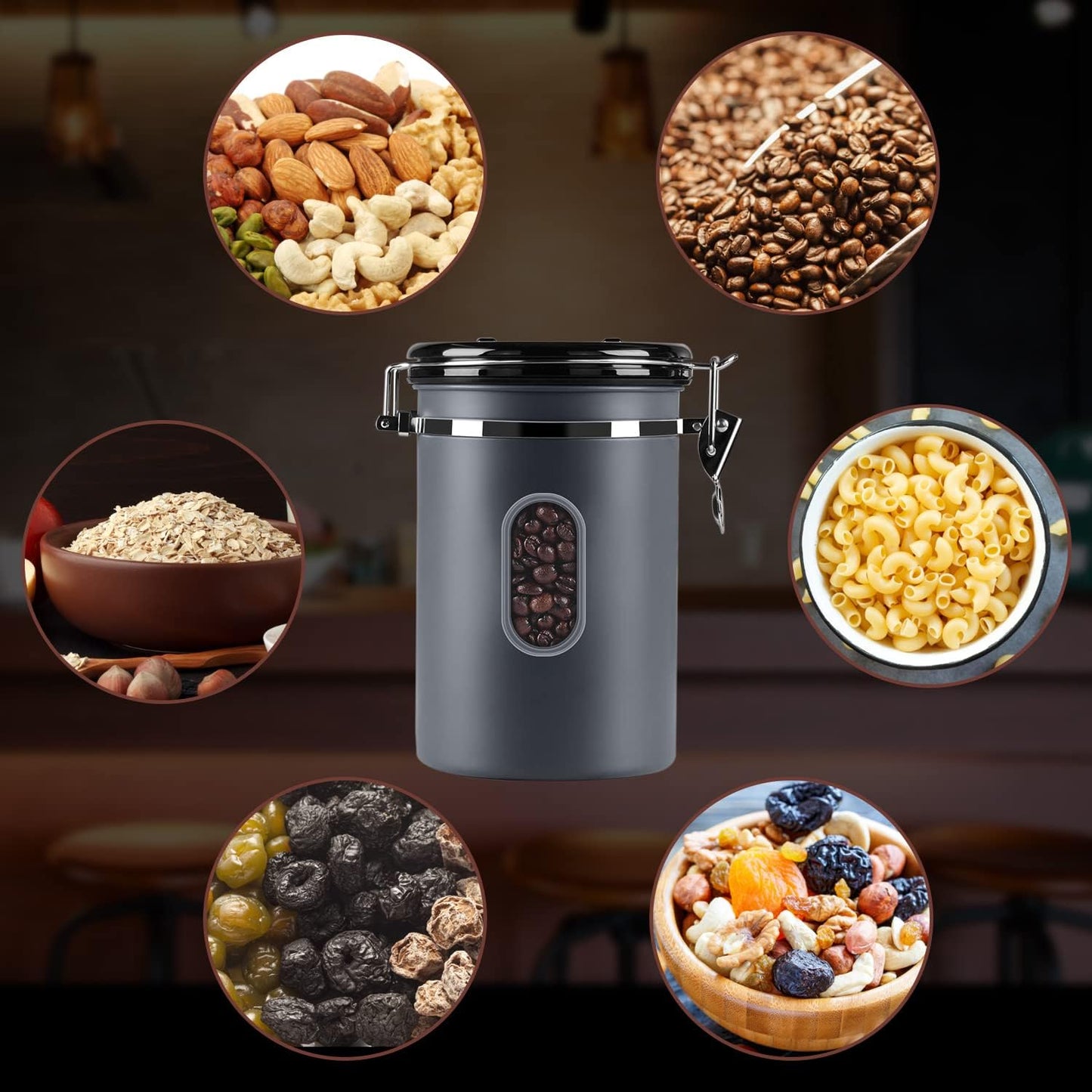 ROCKY&CHAO 2800ML Coffee Canister with Date Tracker&Transparent Window, 35OZ Coffee Container with 30ML Measure Spoon&4 co2 Valve, Coffee Bean Storage Container for Grounds Coffee, Beans, Tea(Gray)