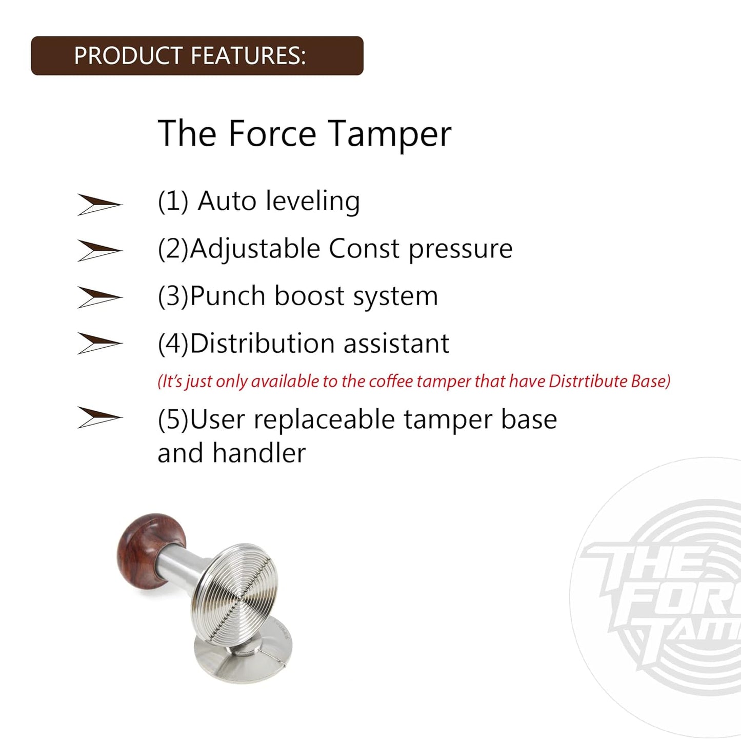 The Force Tamper Automatic Impact Adjustable Constant Pressure and Autoleveling Coffee Tamper Reddish Brown Jellyfish Wooden Handle Set Pro (Extend Set, 53.00mm)