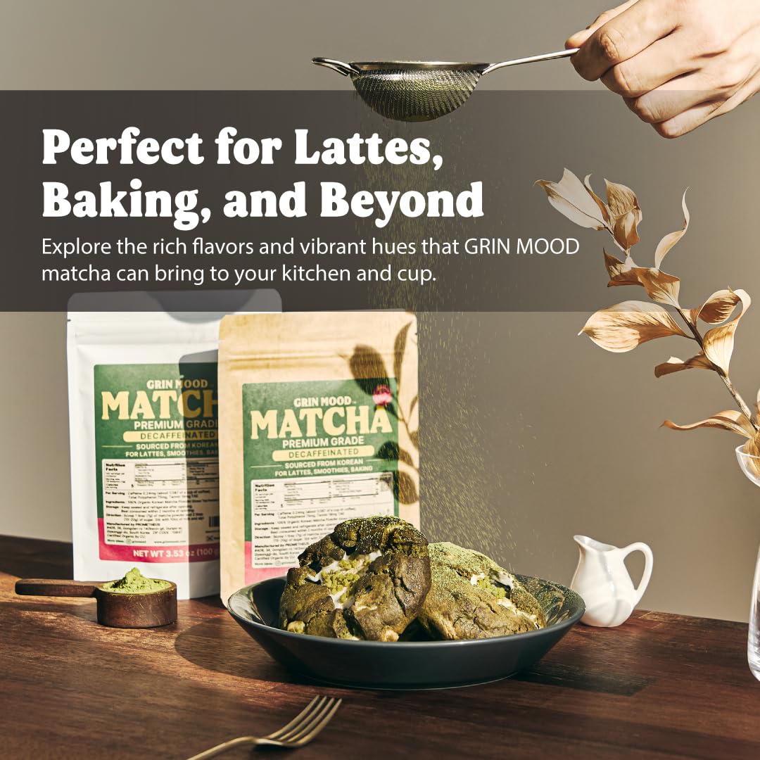 GRIN MOOD Matcha Powder Organic Green Tea Powder - Decaffeinated Green Tea, Authentic Korean Matcha, Halal (3.53oz, Premium Grade)