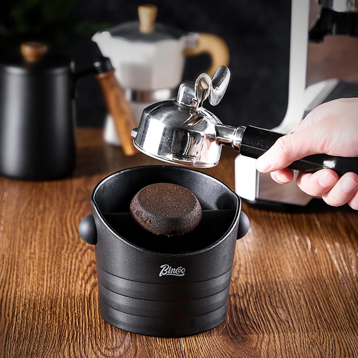 Bincoo Mini Coffee Knock Box 4.5 Inch - Espresso Accessories for Coffee Grounds Container - Multifunctional, Suitable for Home & Bar(Black)