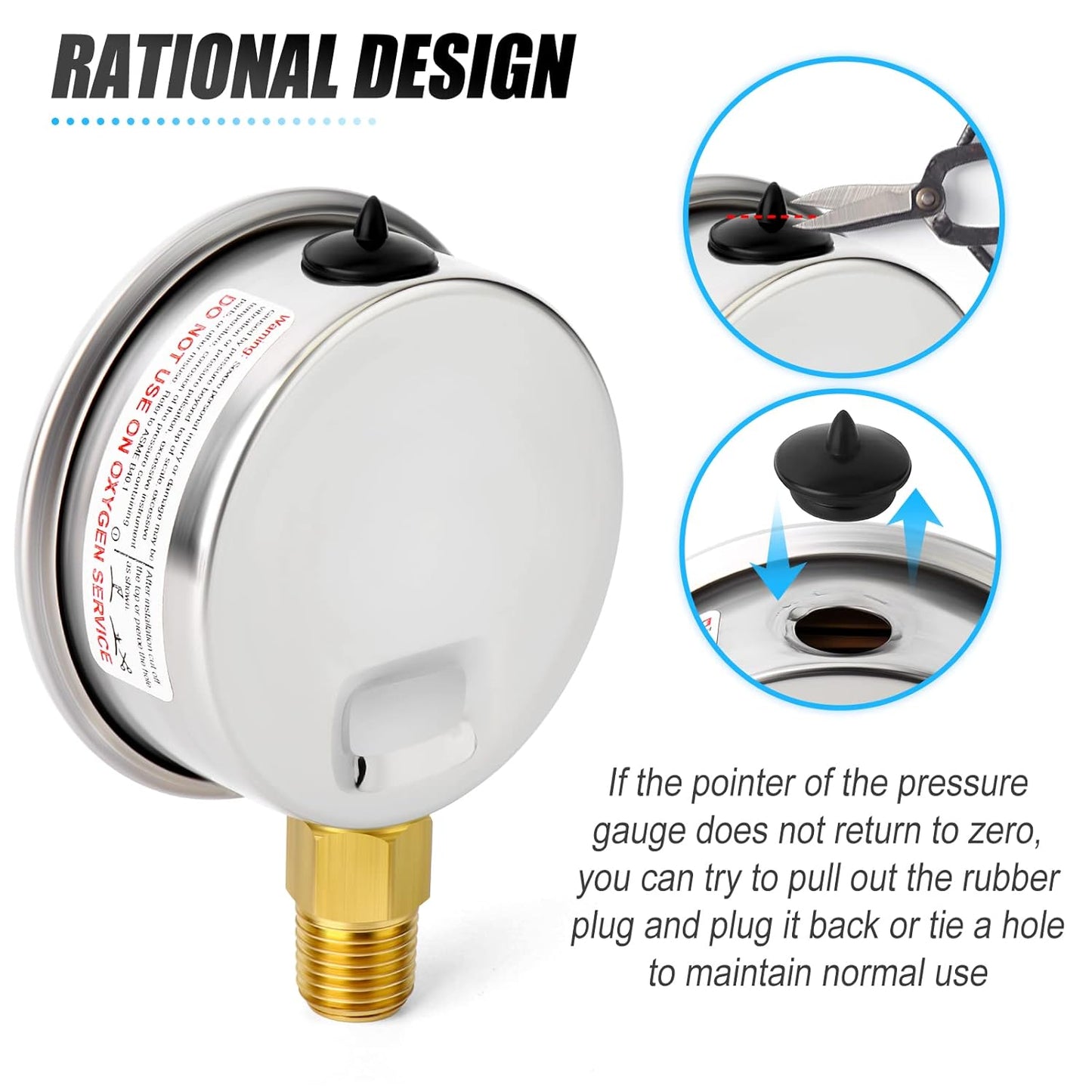 MEANLIN MEASURE 0~10Psi Stainless Steel 1/4" NPT 2.5" FACE DIAL Liquid Filled Pressure Gauge WOG Water Oil Air Lower Mount, with 1/2" NPT and 3/8" NPT Hex Bushing