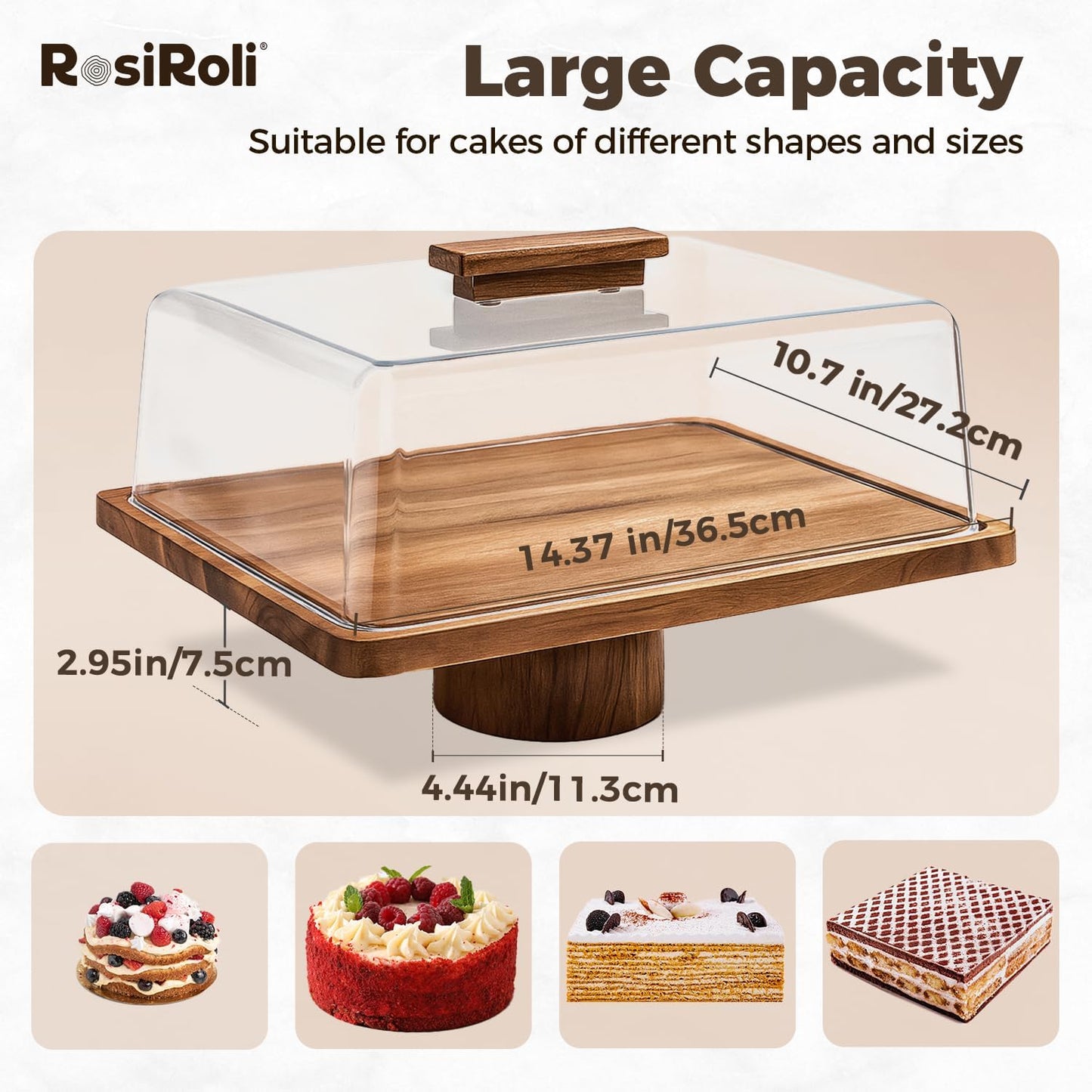 Acacia Wood Cake Stand with Lid –2-in-1 Rectangular Charcuterie Board & Dessert Display, Shatterproof Acrylic Dome Cover for Freshness, Serving Platter for Parties, Weddings, Birthdays, Gifts