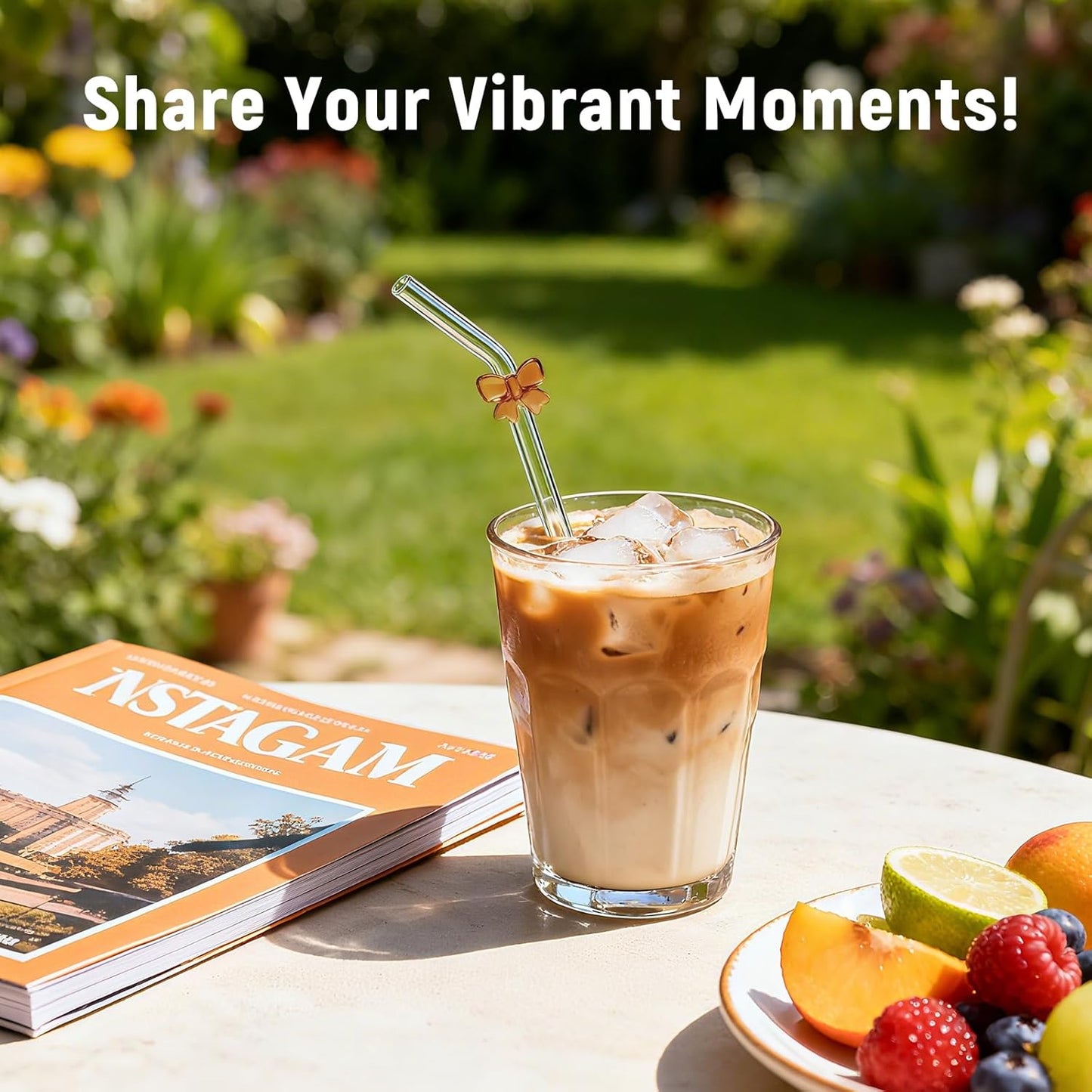 Cute Glass Straws with Charms Bows, 9 Inch 8mm Reusable Clear Glass Straws Bent - thick Borosilicate Drinking Straw Eco Friendly, BPA Free for Hot Drinks, Iced Coffee, 16 oz Tumblers - Include Brushes