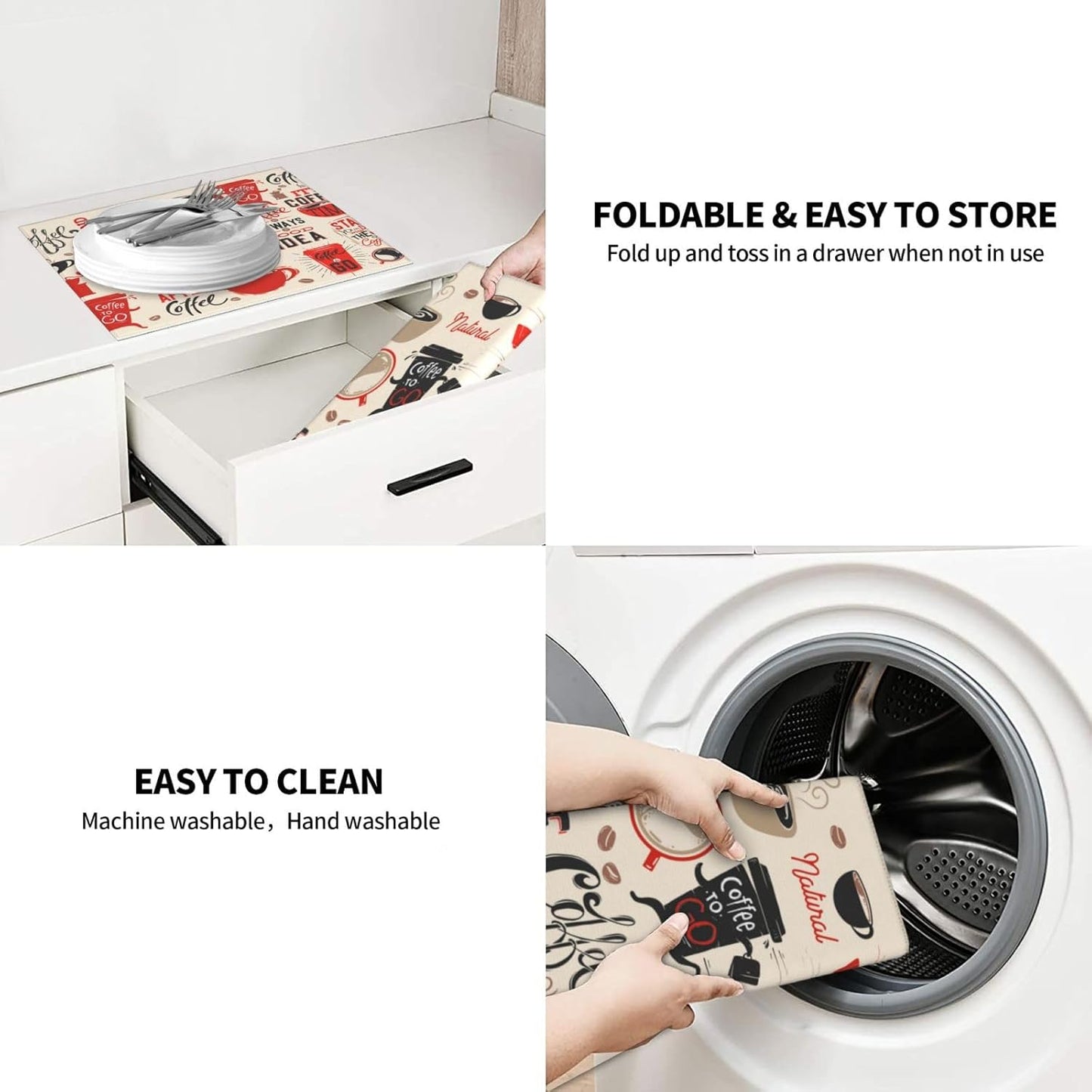 Coffee Themed Dish Drying Mat, Highly Absorbent Microfiber Kitchen Counter Pad Reusable Washable, 16*18"