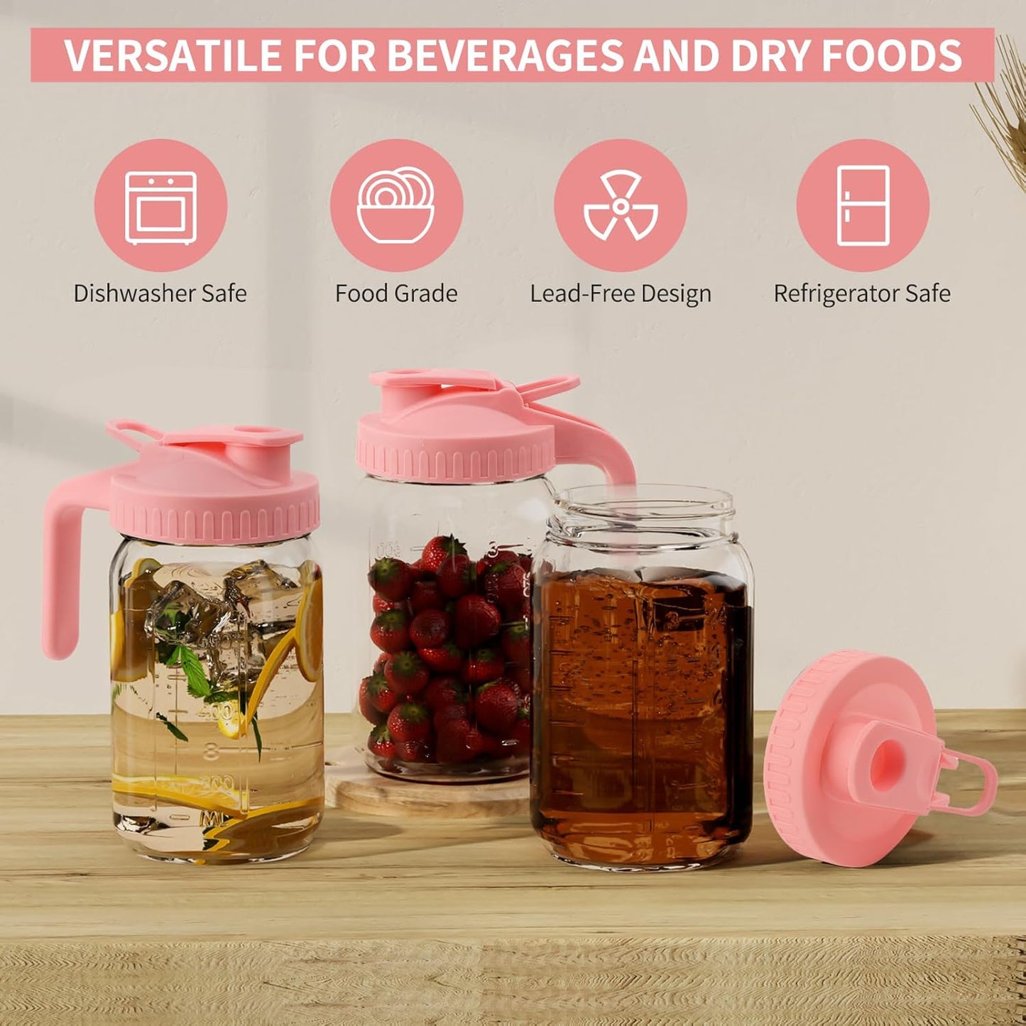 64oz Glass Pitcher with Lid &Pour Spout - 2 Quart Breastmilk Pitcher Double Leak Proof, Creamer Container for Sun Tea, Juice, Cold Brew Coffee, Breastmilk Storage Container -Pink Lid