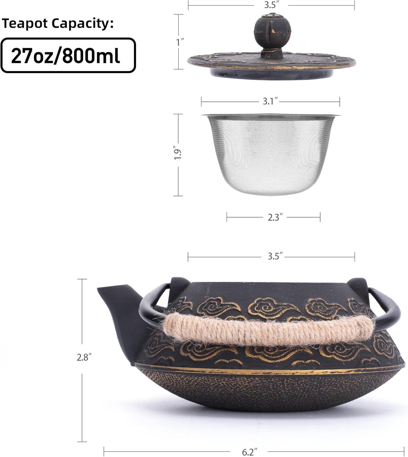 Cast Iron Teapot, Japanese Tea Pot with Infuser for Loose Leaf, Tea Kettle Stovetop Safe Coated with Enameled Interior, Clouds Pattern 27oz, 800ml Black