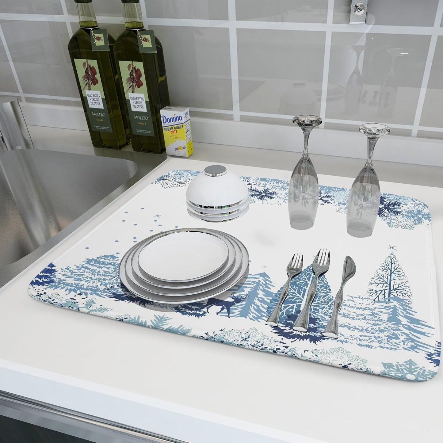 Winter Blue Snowflake Dish Drying Mat Christmas Tree Kitchen Counter Dish Drainer Mats Xmas Forest Deer Moose Dish Dry Pad Bottles Protector for Kitchen Countertop Coffee Bar, 18x24 inch Large